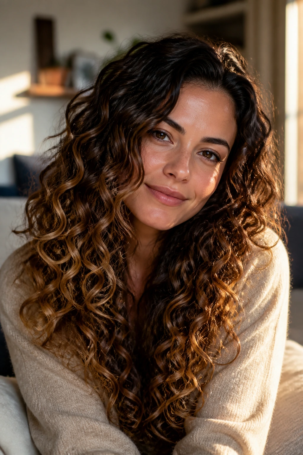 Close-up of a real woman with melted chestnut curls and caramel ends.