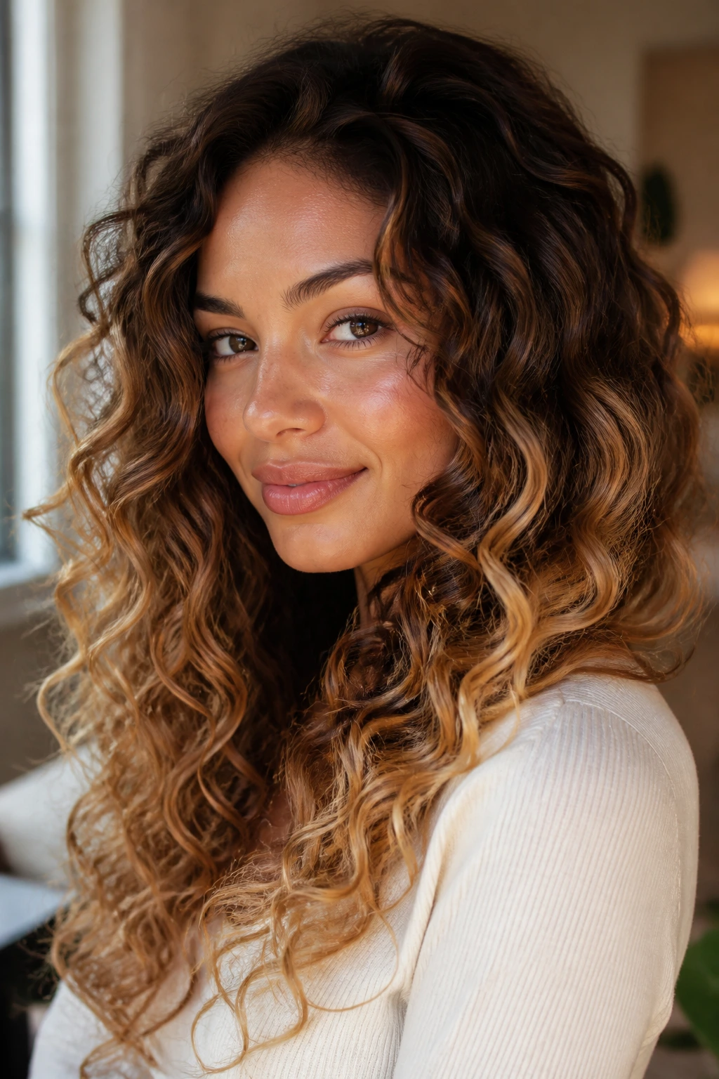 Close-up portrait of a real woman with melted chestnut-to-gold curls under warm window light
