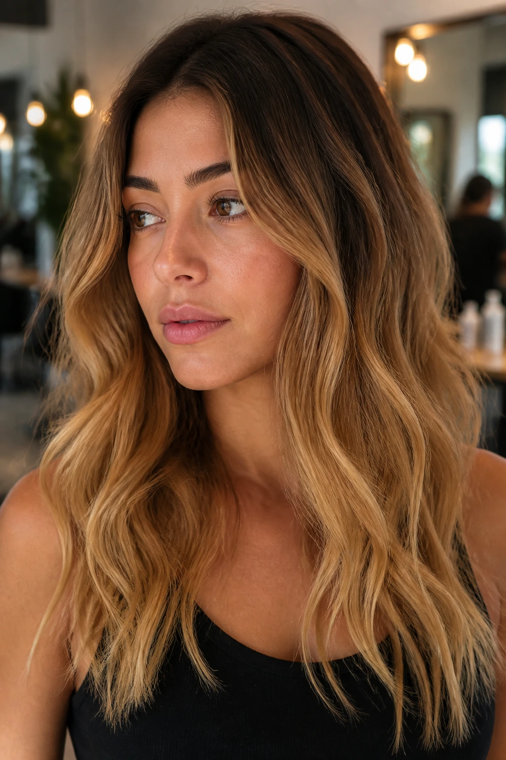 Portrait of person with melted gold brunette-to-blonde hair gradient on olive skin