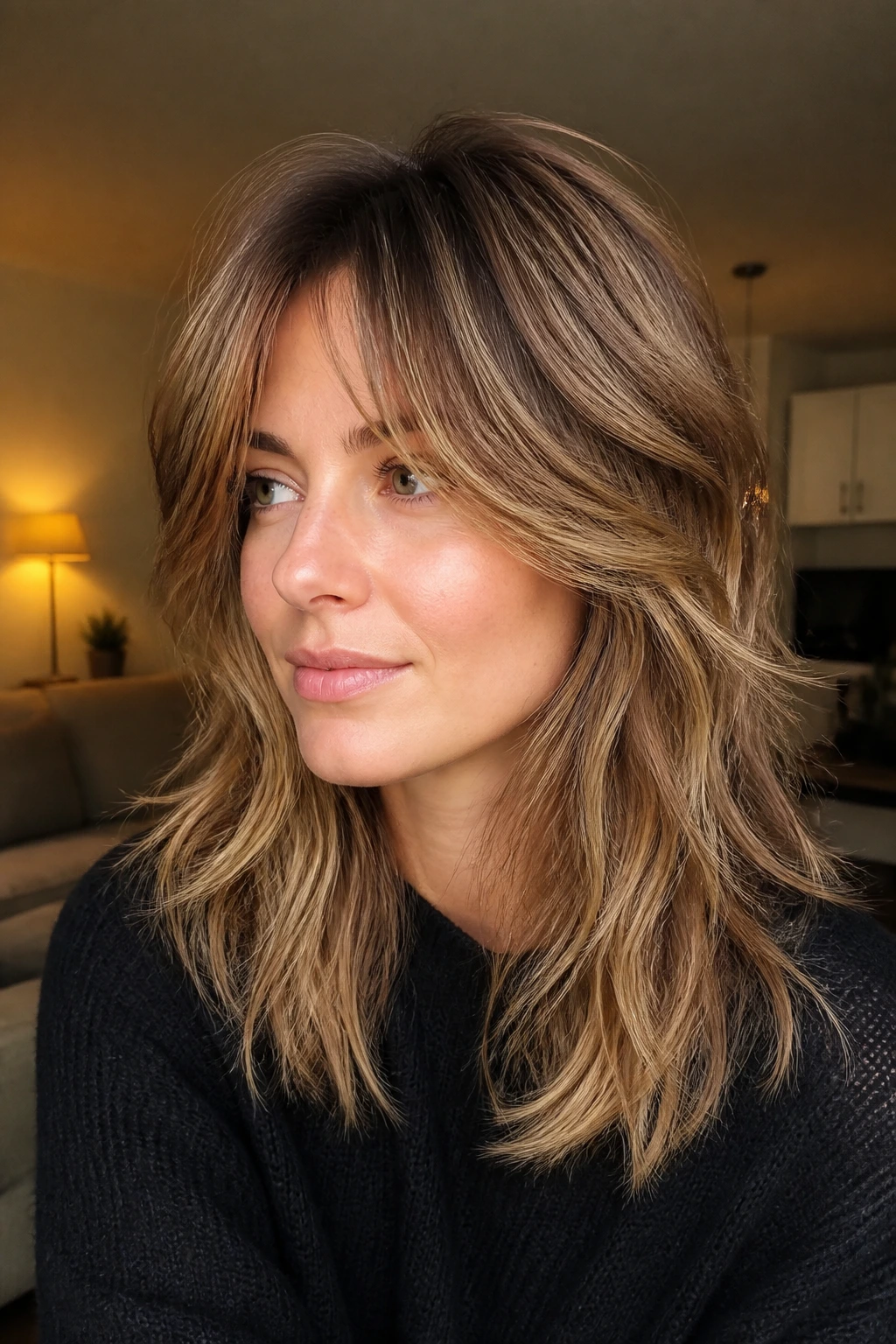 Portrait of real person with melted honey shag highlights