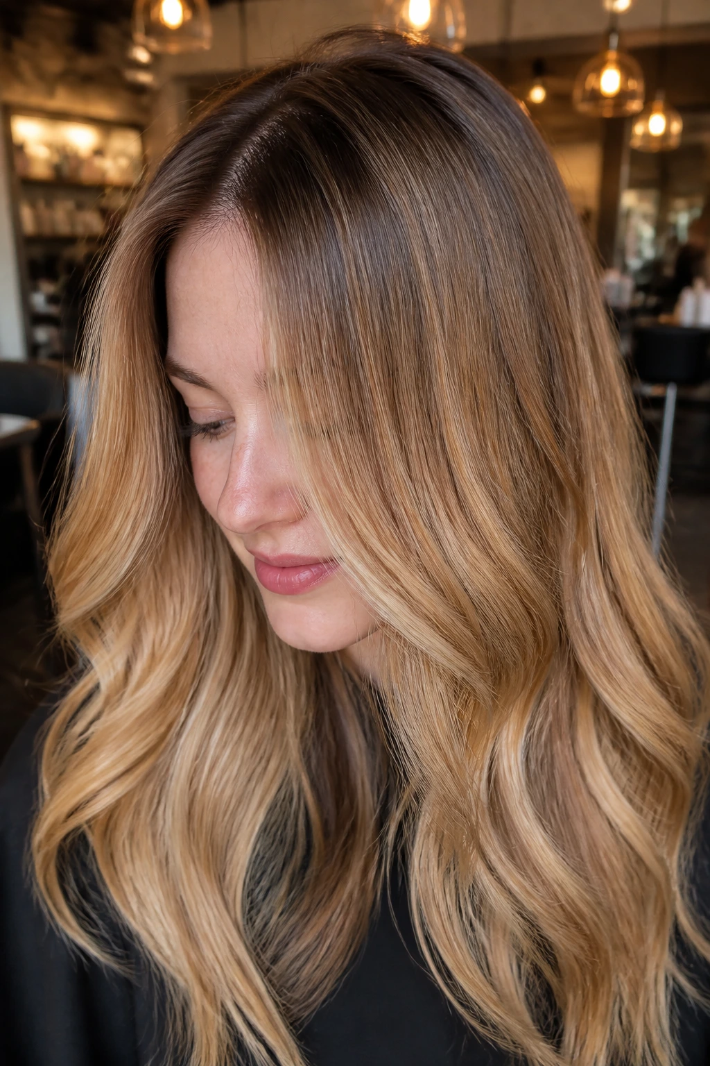 Close-up of melted root honey blonde with deeper roots fading to warm honey