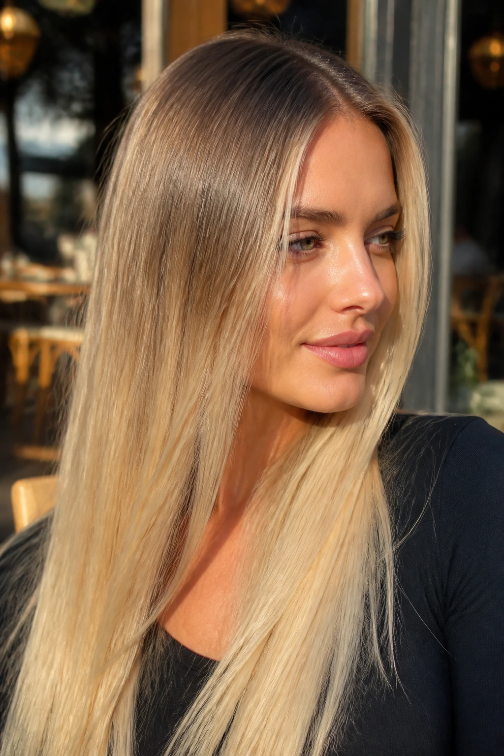 Real woman with long straight hair showing melted root shadow gradient