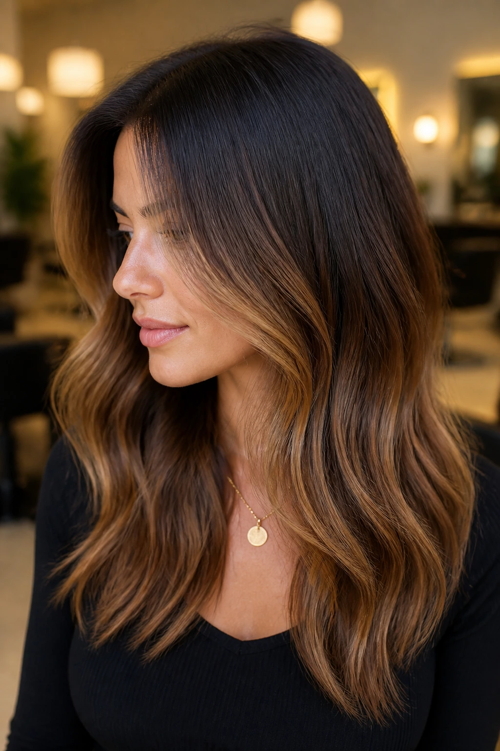 Close-up of real woman with melted root smudge blending dark roots into caramel
