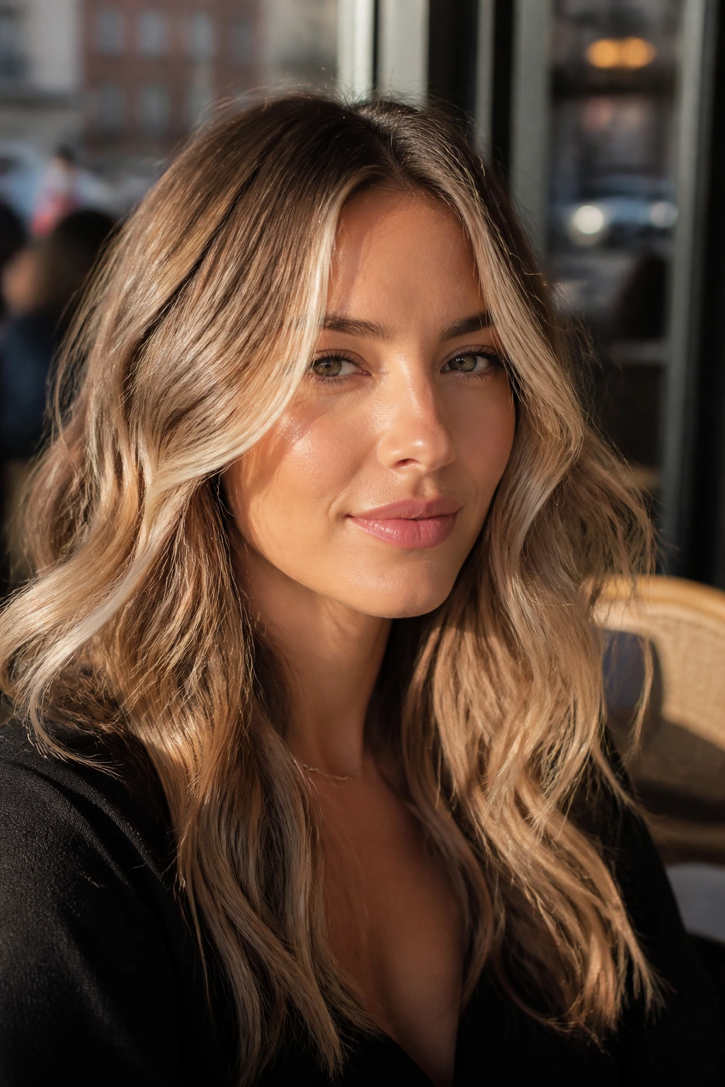 Close-up portrait of brunette with meringue blonde babylights