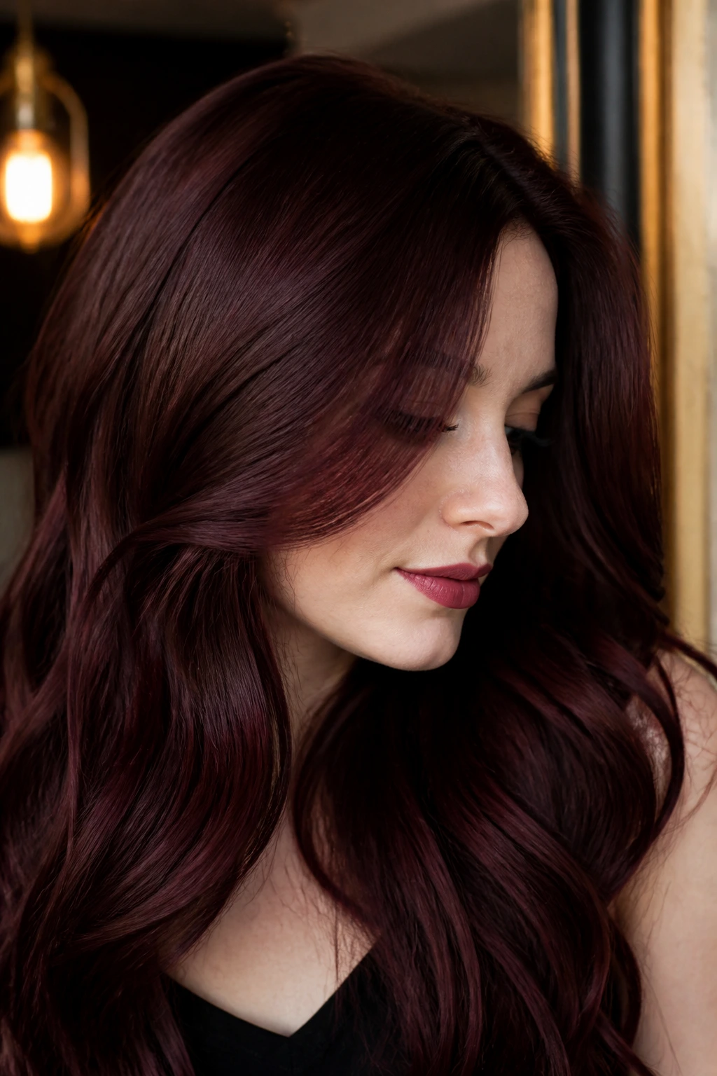 Close-up portrait of a real woman with merlot brown hair, burgundy depth
