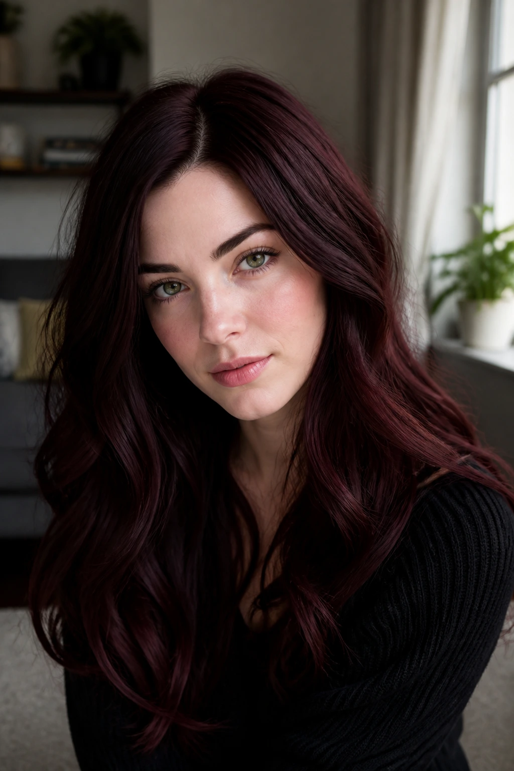 Close-up portrait of a real woman with merlot brunette hair