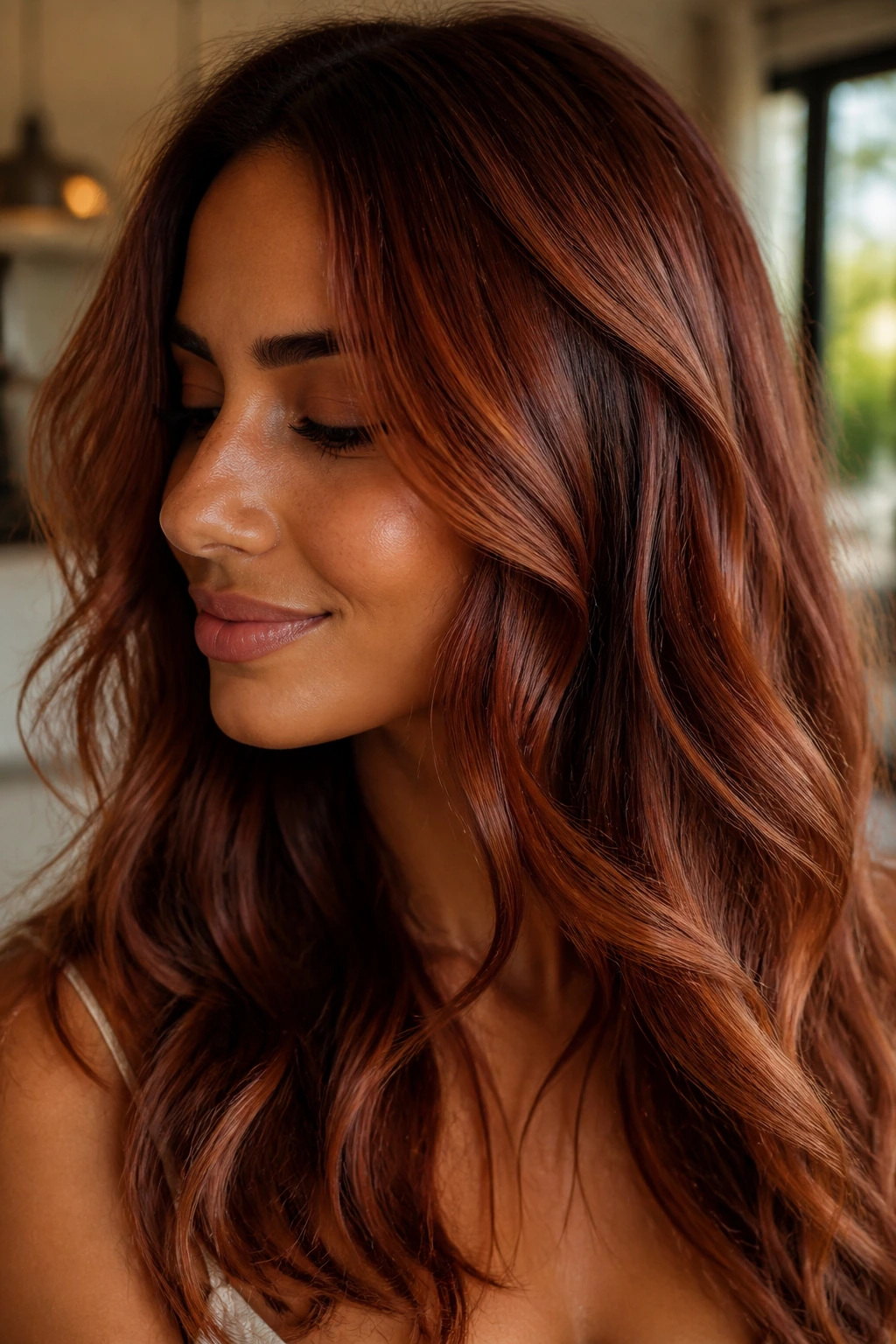 Close-up portrait of a real person with merlot copper strawberry hair on olive skin under warm light