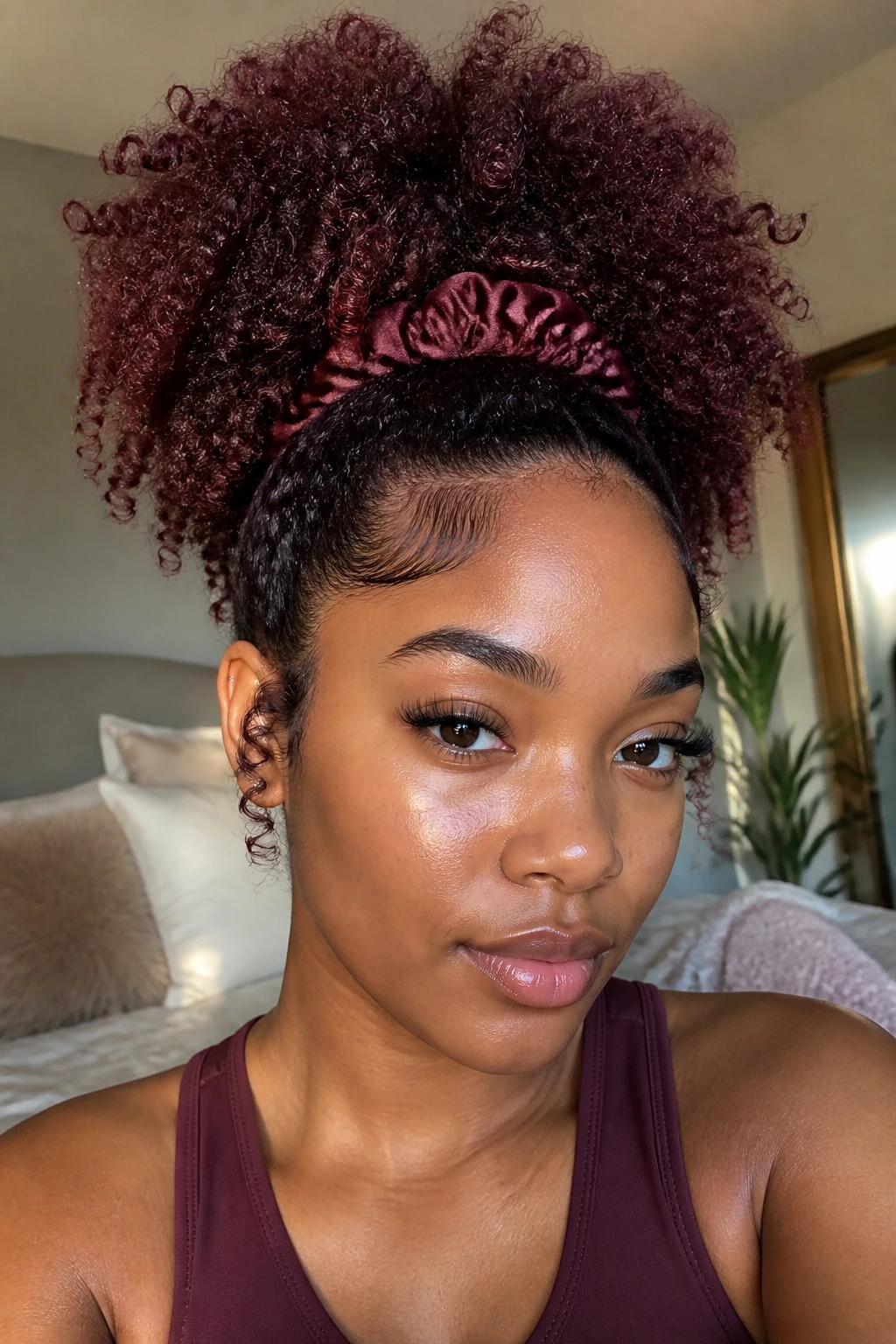 Close-up of a woman with merlot high-puff curls and halo shape in warm window light