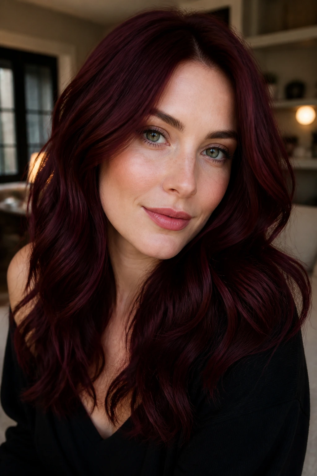 Real woman with merlot velvet waves under warm indoor light