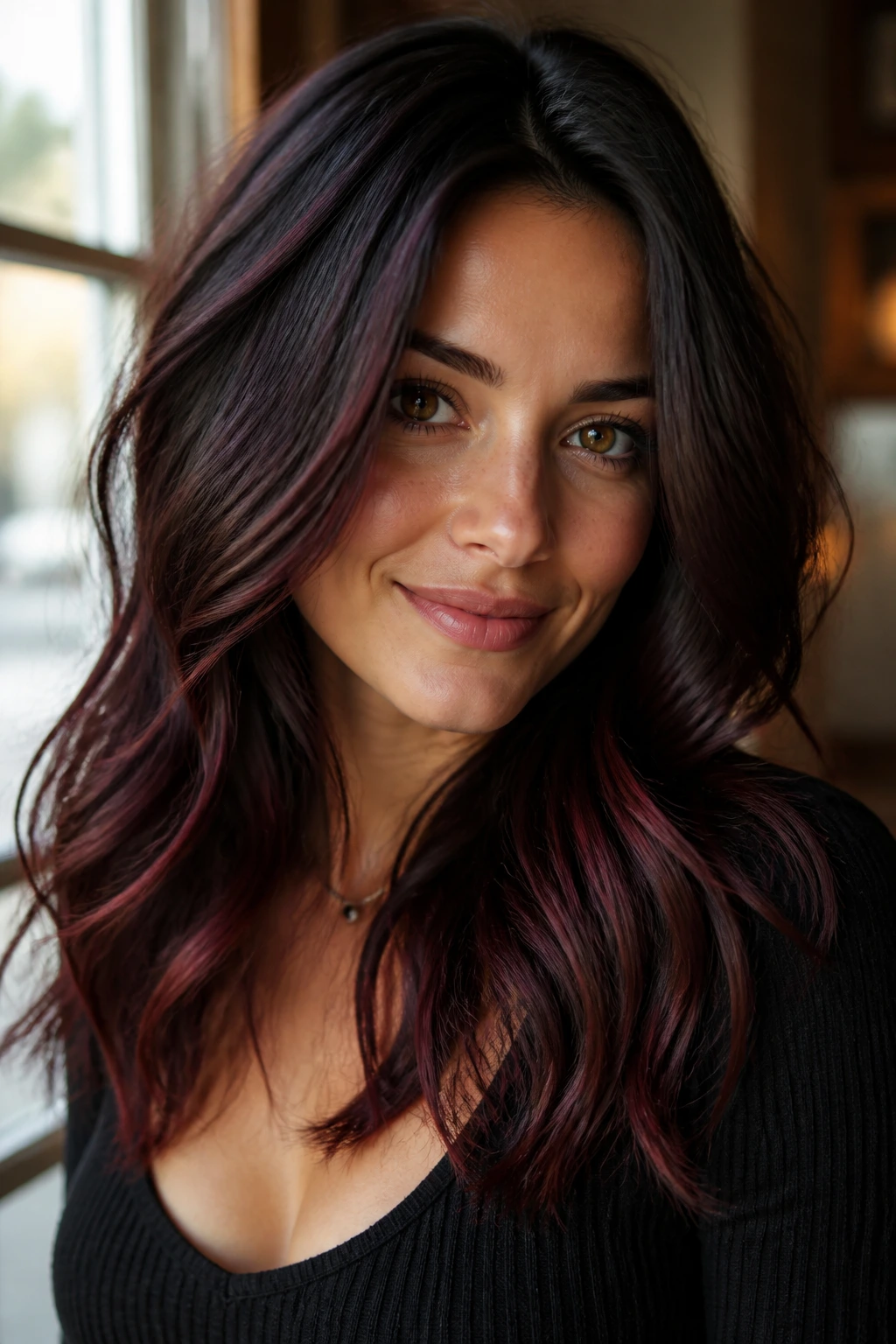 Portrait of a woman with blackberry brown hair and merlot lights mid-lengths