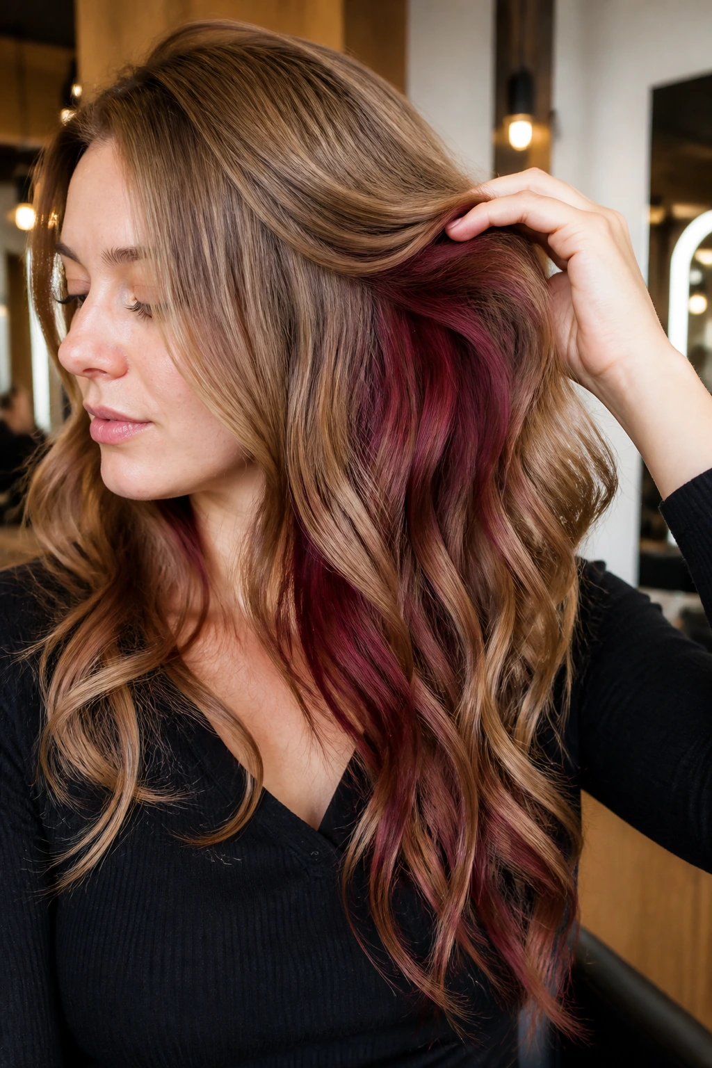 Close-up of merlot panels peeking from under the top layer in wavy hair