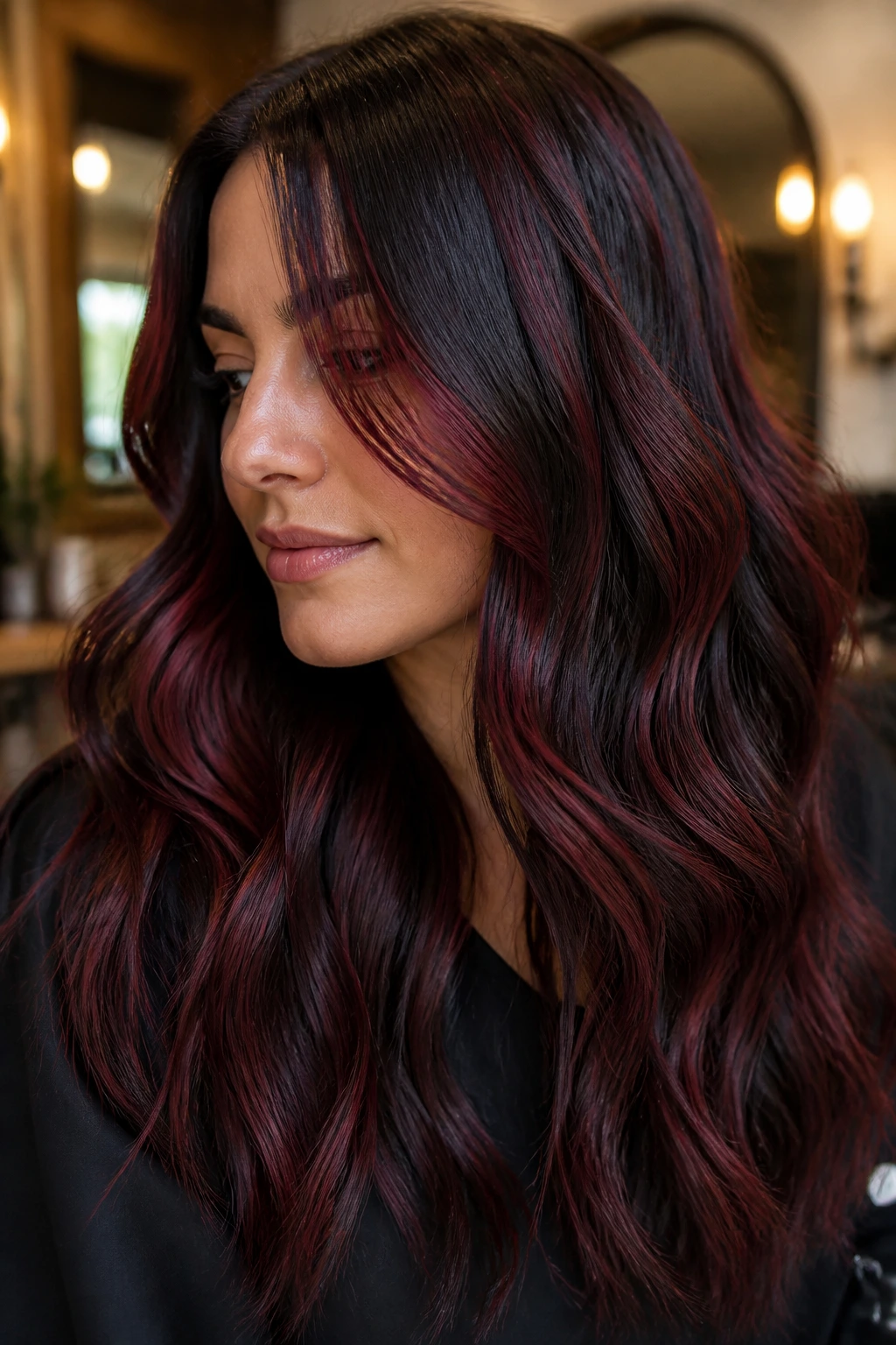 Brunette waves with merlot-red ribbon slices across the hair.