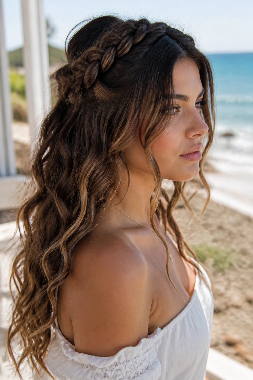 Portrait of a real person with a mermaid braid on stretched waves