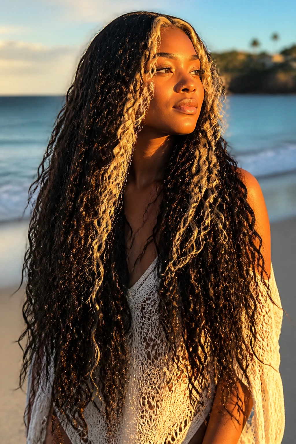 Real person with mermaid-length crochet waves and high-contrast blonde front