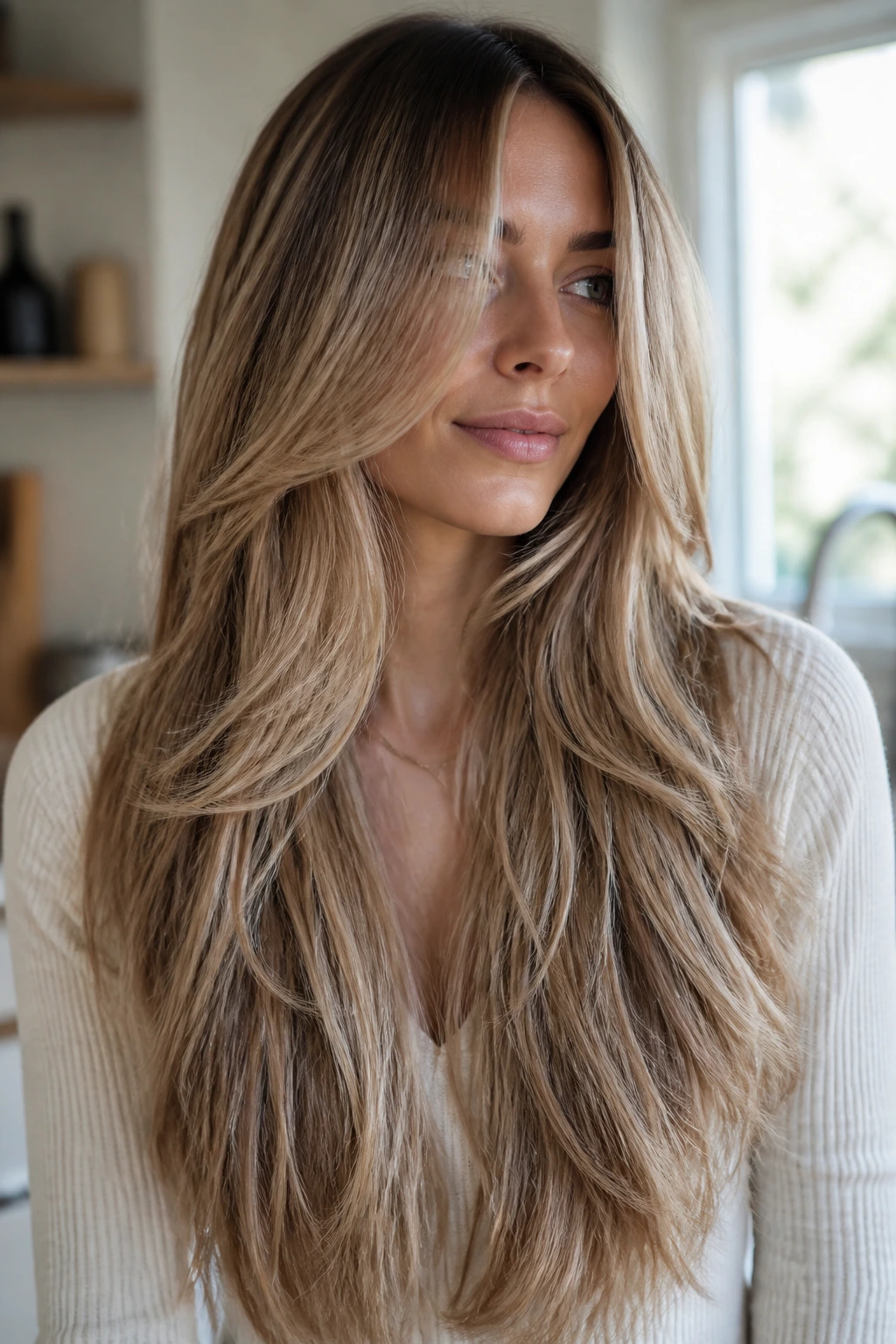 Close-up portrait of a real woman with mermaid feather layers and soft taper through the ends.