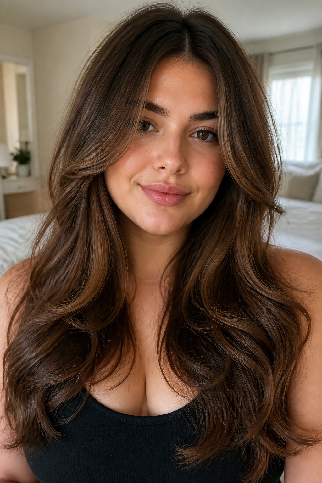 Portrait of real woman with long mermaid layers and center-part.