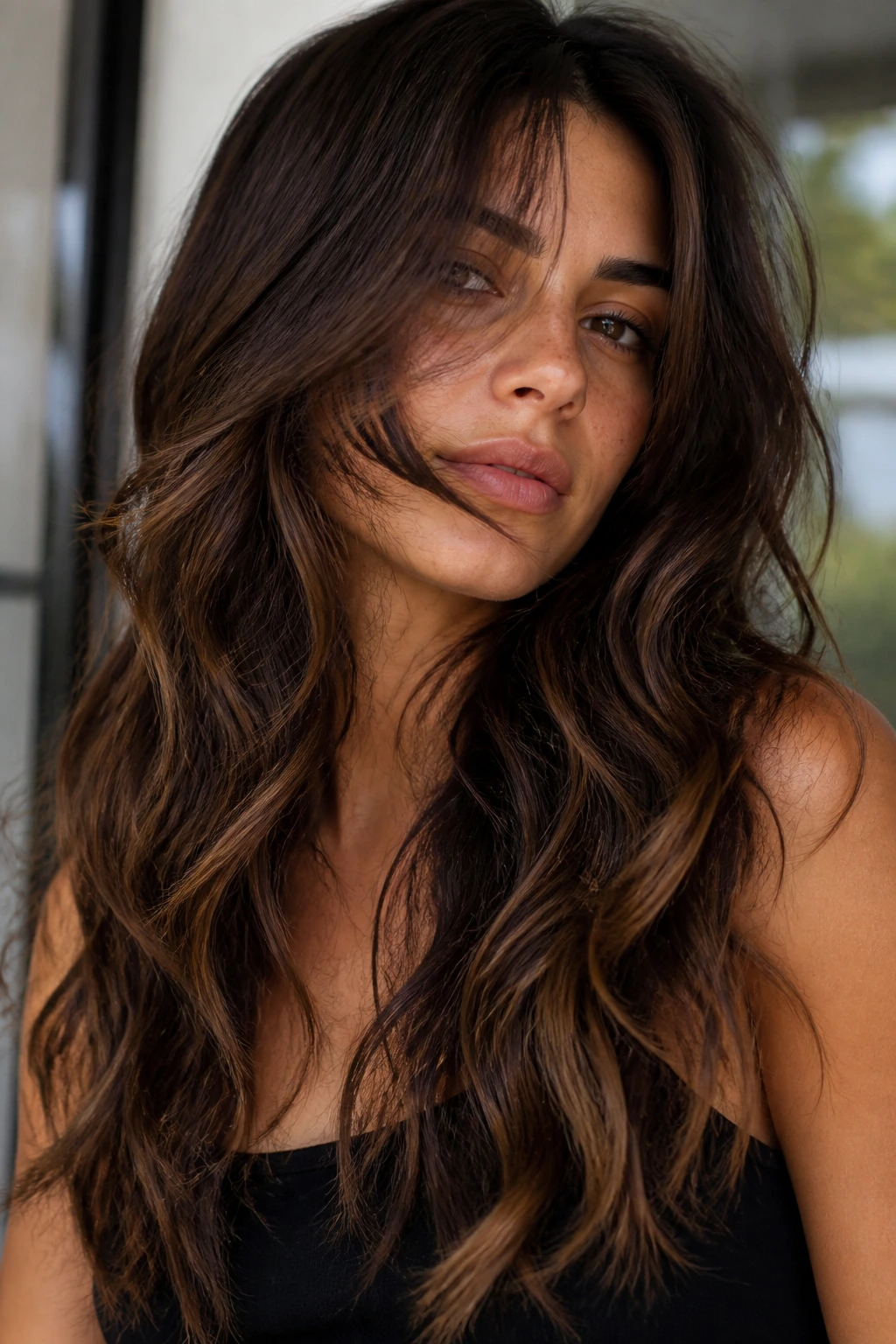 Real woman with long mermaid layers and espresso ribbons in 2C hair