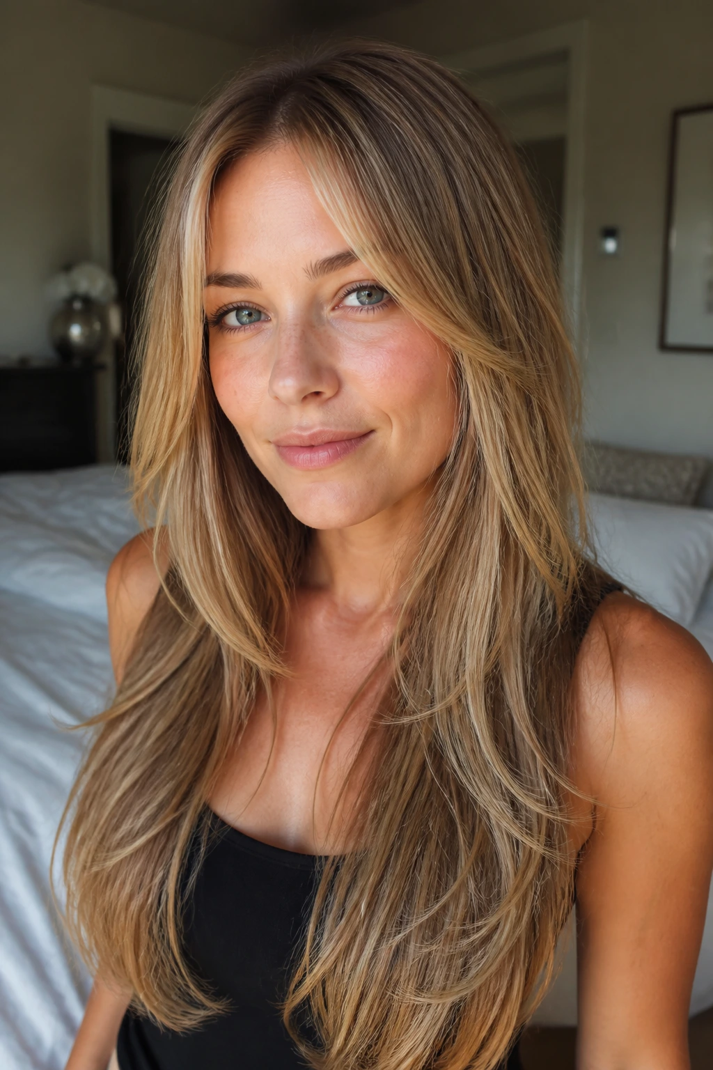 Close-up of a real woman with minimal short front mermaid layers framing her face and long hair at the back