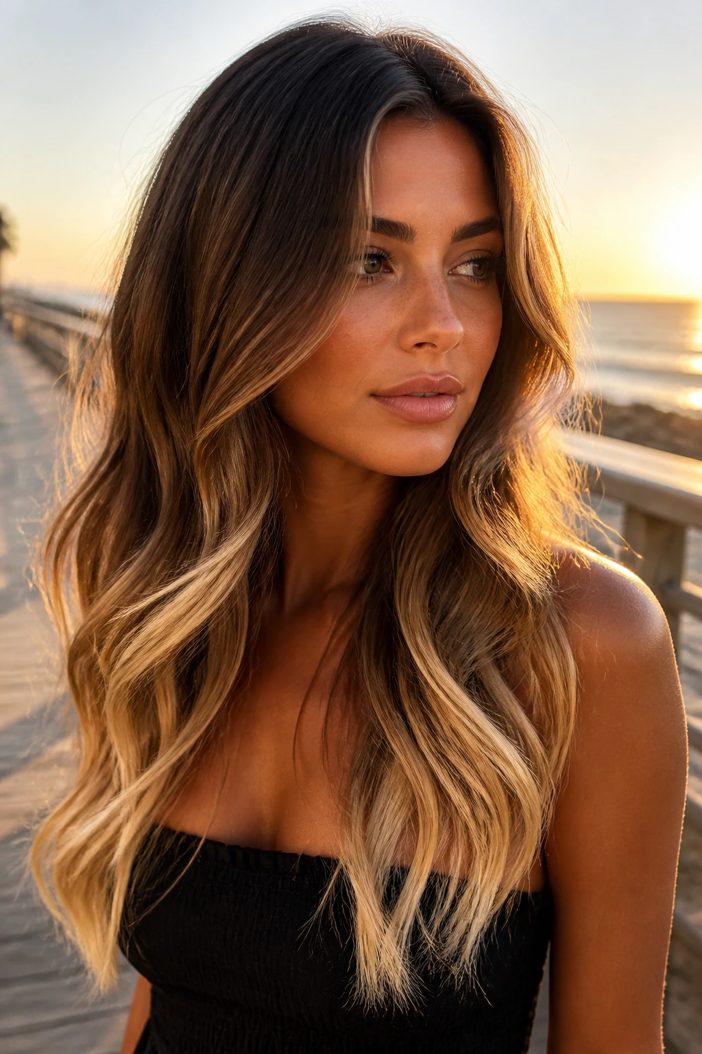 Real woman with chestnut-to-vanilla mermaid layers in sunset light