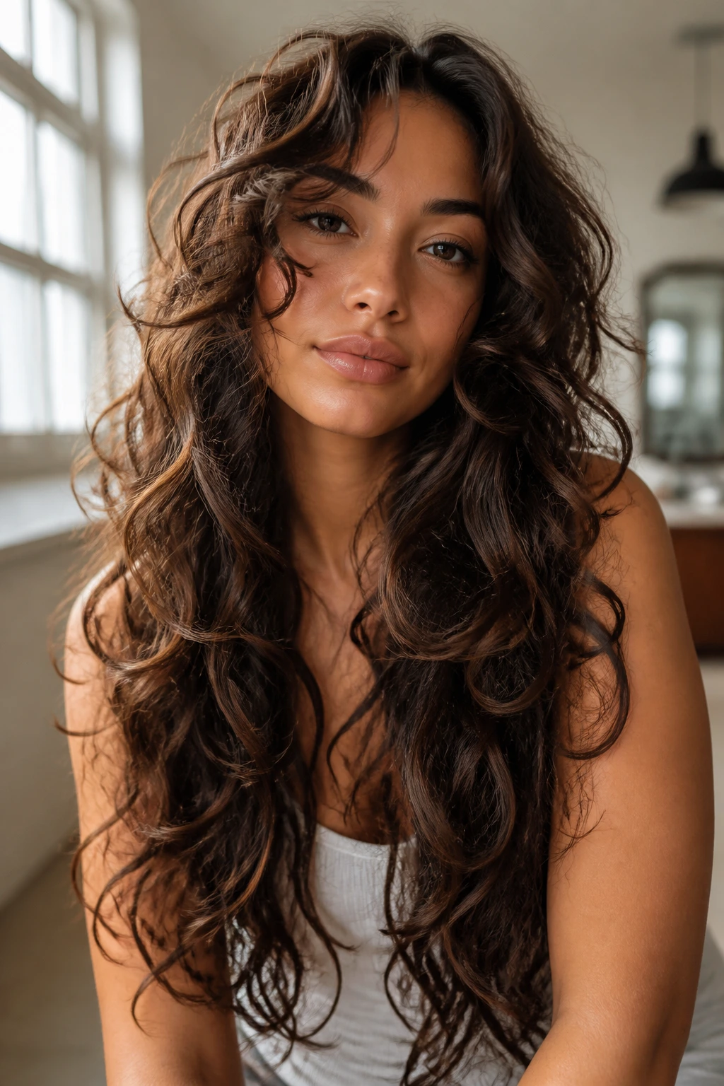 Close-up of a real woman with long mermaid layers and cascading curls.