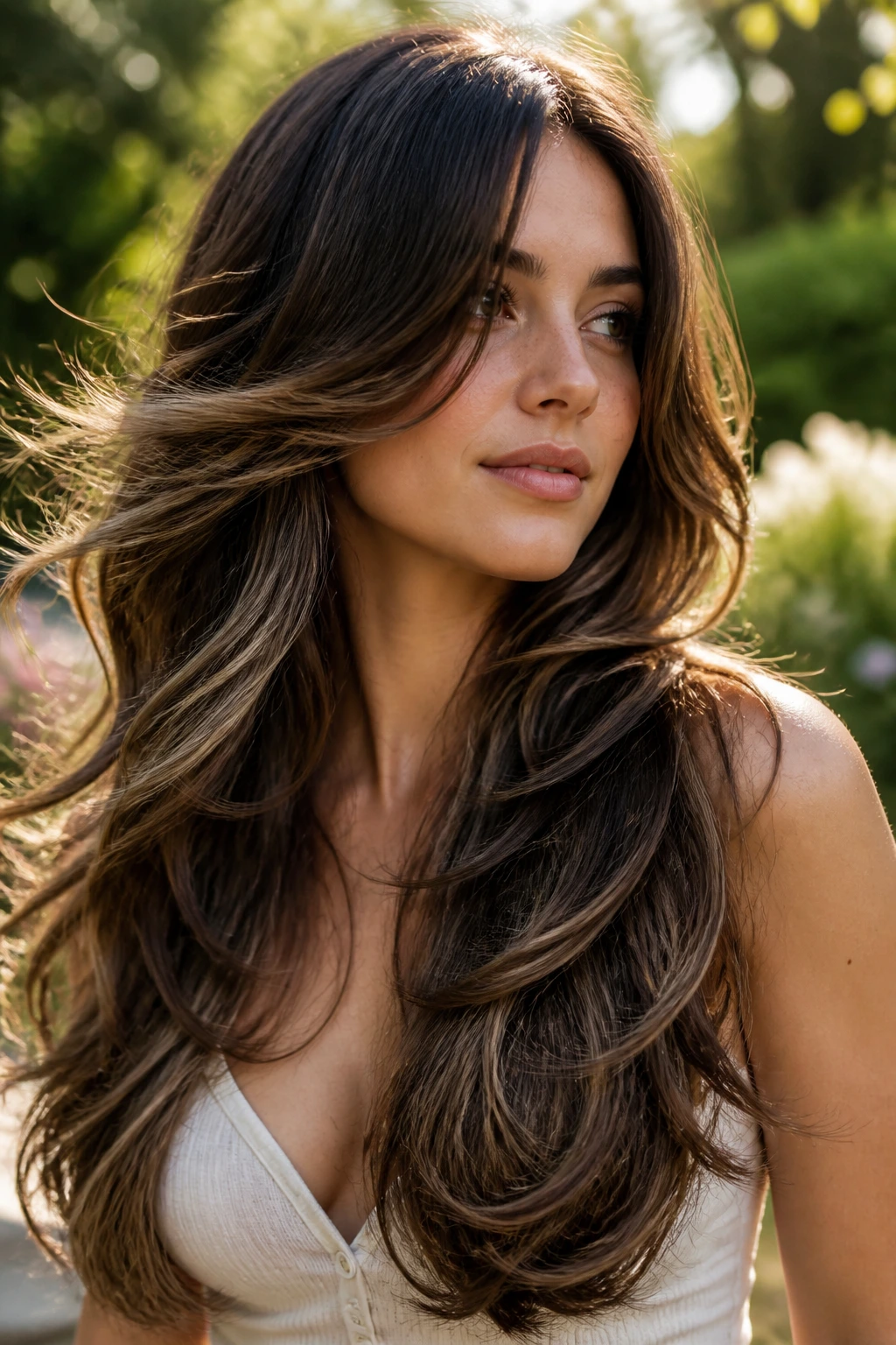 Portrait of a woman with mermaid layers and long face framing in outdoor sun.