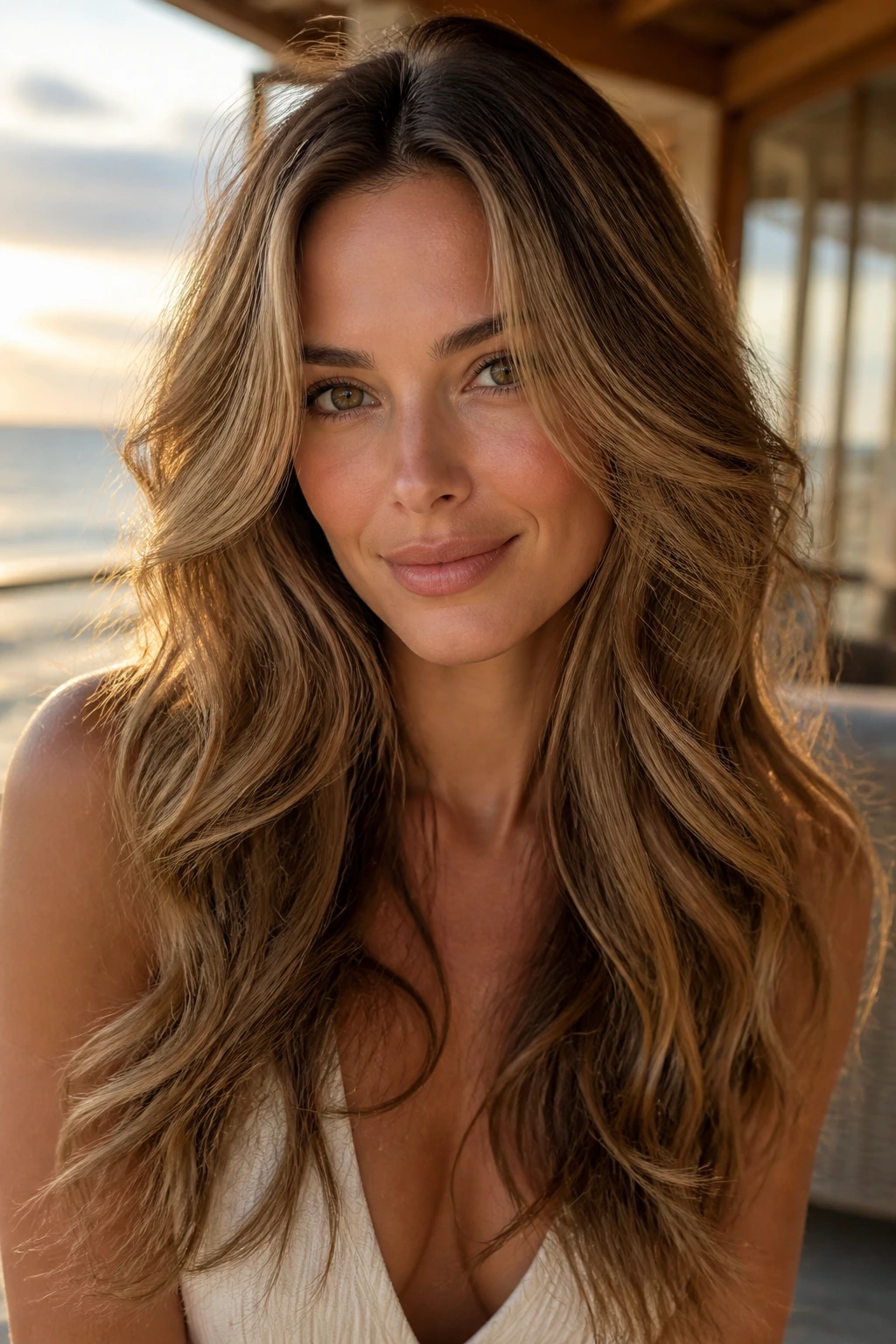 Portrait of a real woman with mermaid-style long layers and sliding ends in glossy waves.