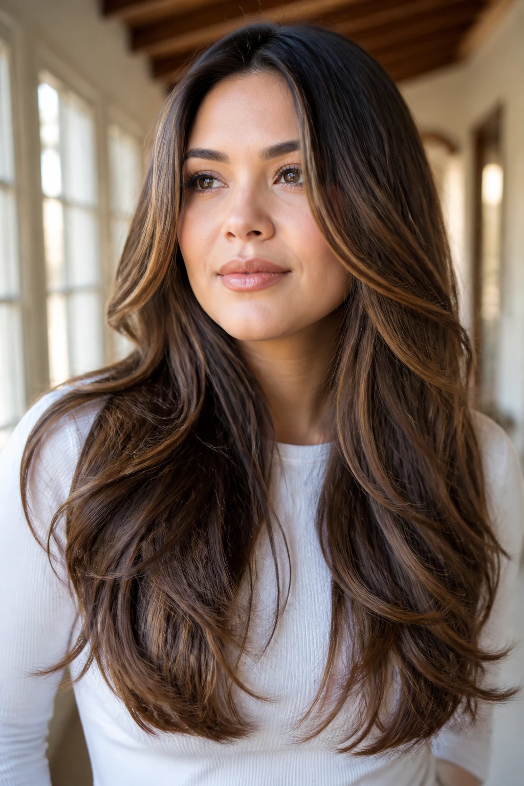 Real woman with mermaid layers and whisper-soft ends cascading around shoulders.