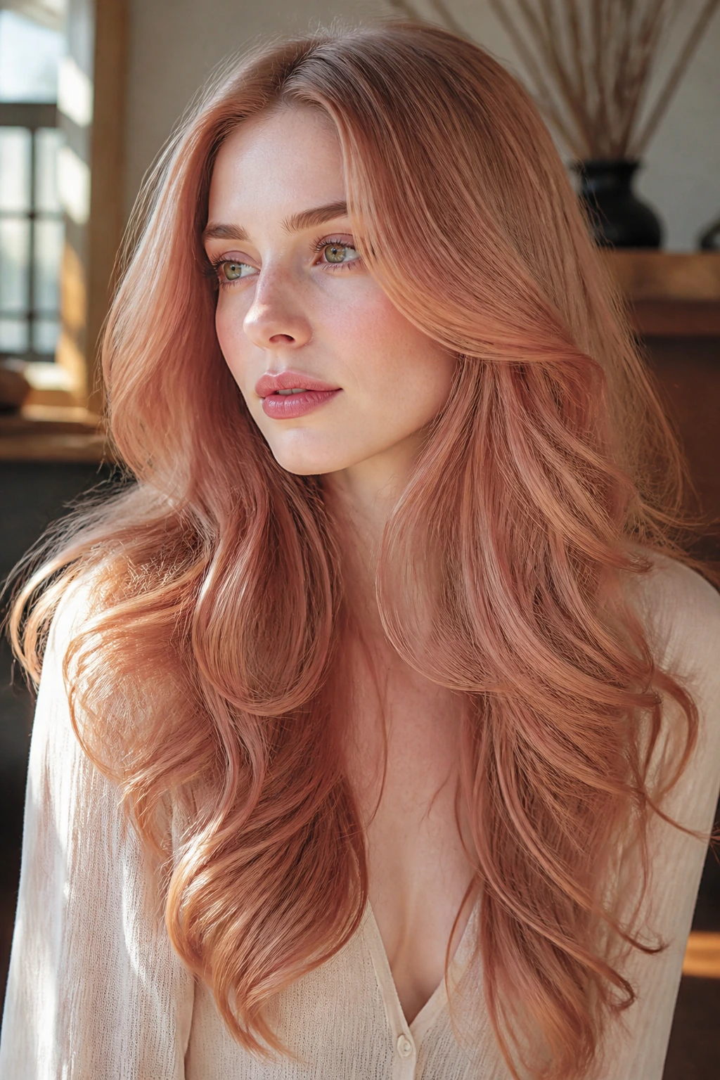Portrait of a real woman with center-part mermaid layers and rosé glow