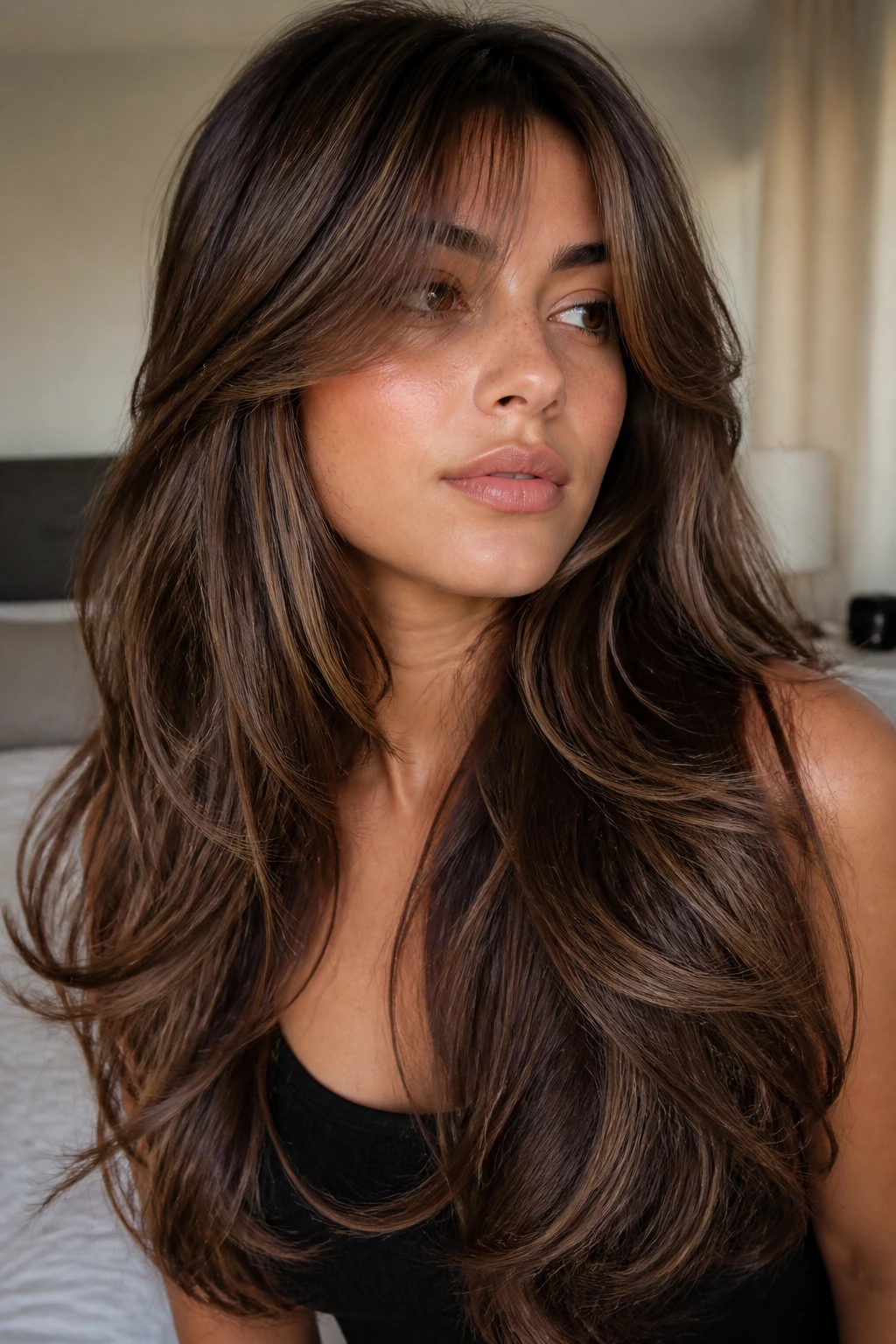 Close-up of a real woman with mermaid layered hair and sable lowlights in warm window light