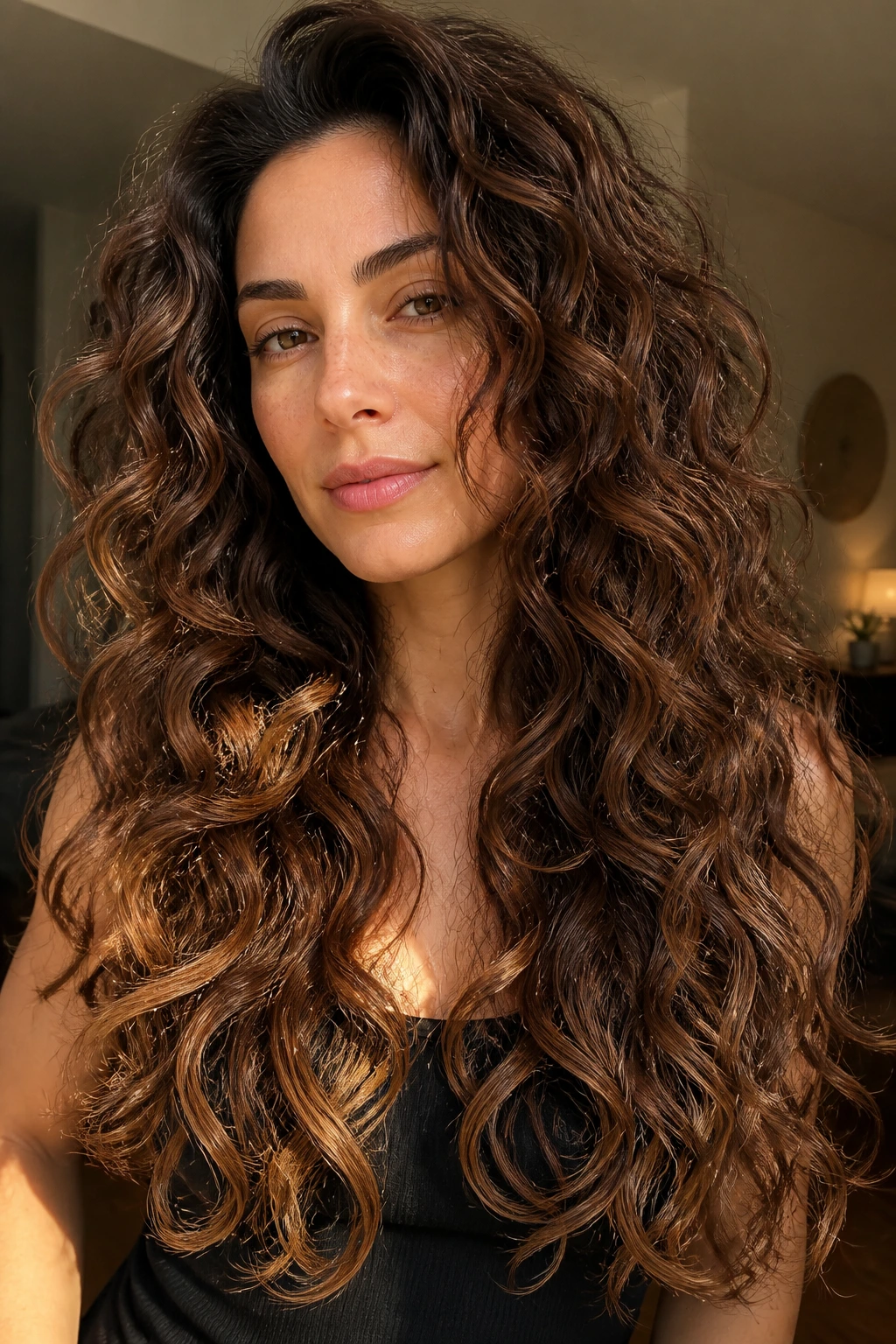 Close-up of a real person with long mermaid layers and walnut veils in curls