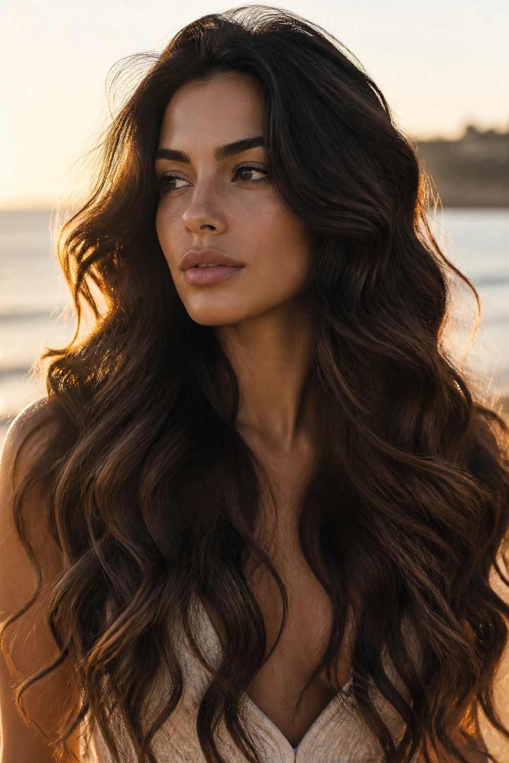 Real woman with long mermaid-length barrel waves at golden hour by the sea