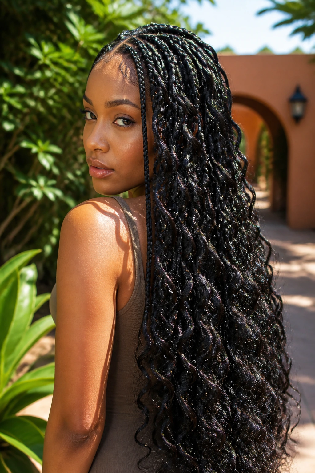 Close-up portrait of a real woman with mermaid-length boho braids in outdoor warm sunlight