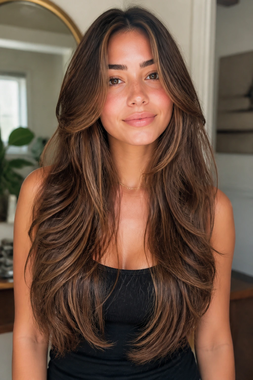 Close-up of mermaid-length hair with internal layers on real woman