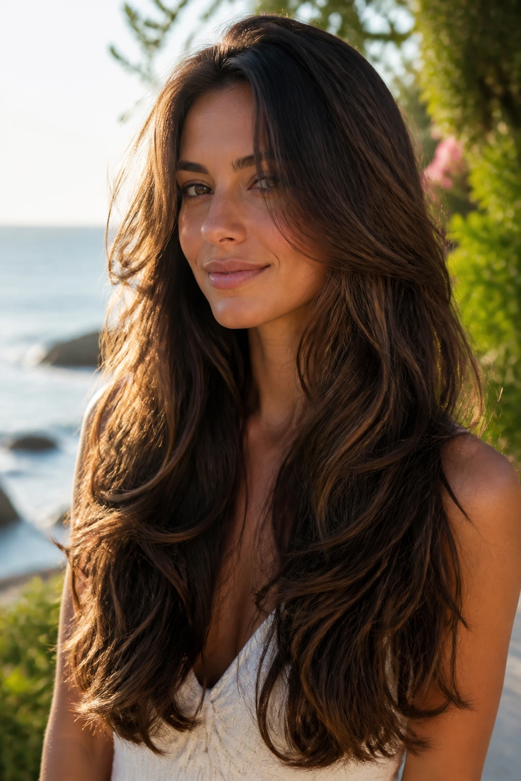 Real woman with long mermaid-length layers cascading past shoulders outdoors