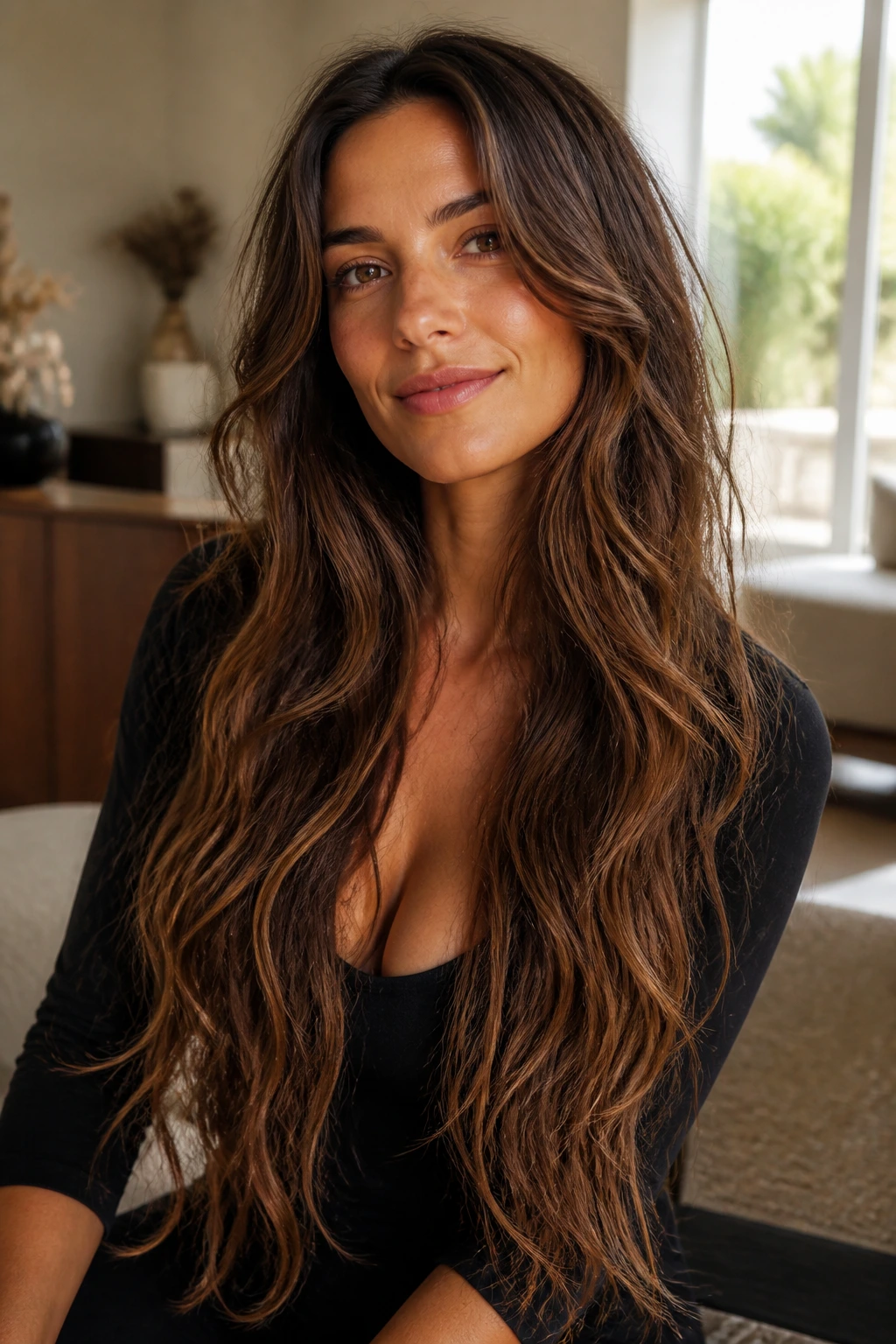 Close-up portrait of a real woman with mermaid-length layered waves and soft starting layers