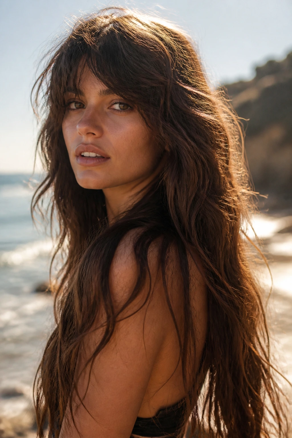Close-up portrait of a real person with mermaid-length shag showing dramatic long hair