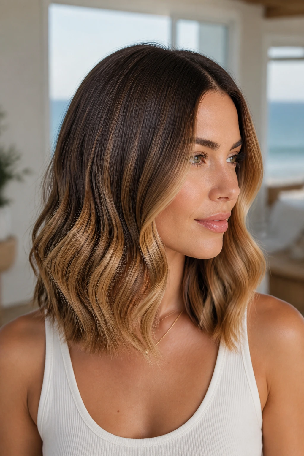 Portrait of a real woman with a sleek top mermaid lob and caramel ends.