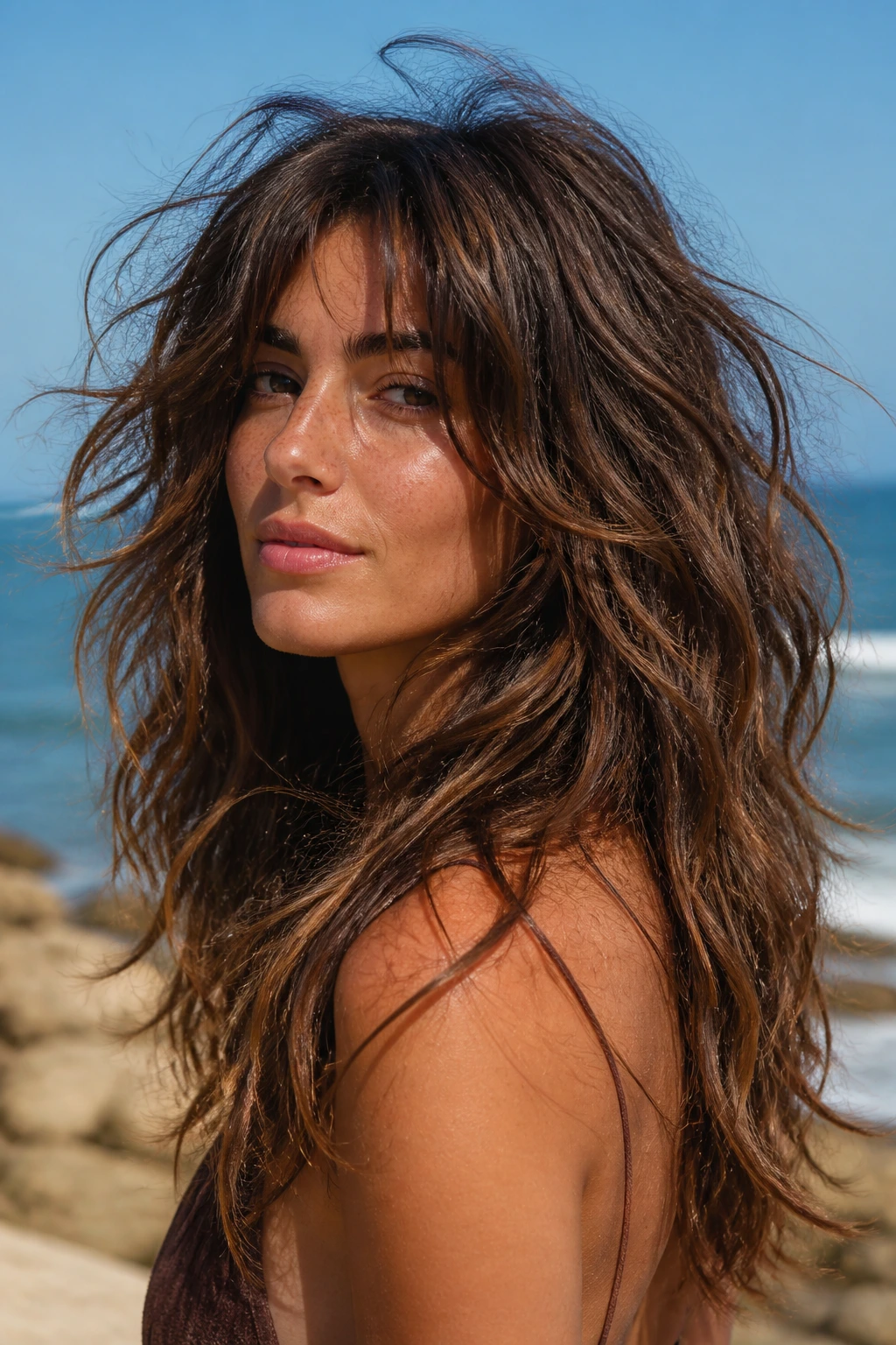 Medium close-up of a woman with tousled mermaid shag and cocoa/chestnut lowlights.