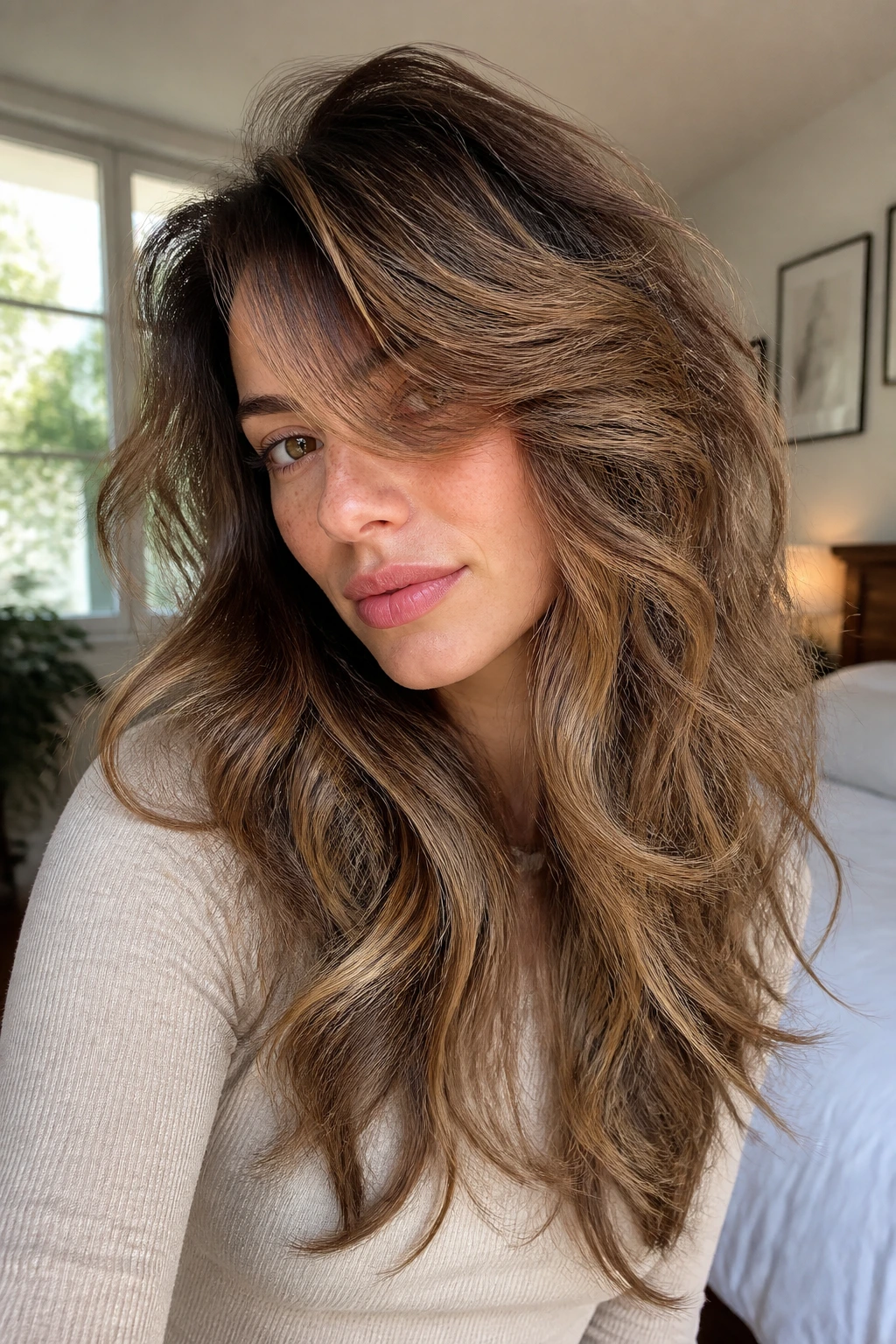 Close-up portrait of a real woman with long mermaid shag waves and side-swept bangs