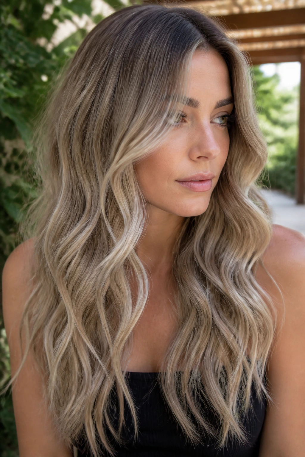 Portrait of a real woman with long ash beige mermaid waves