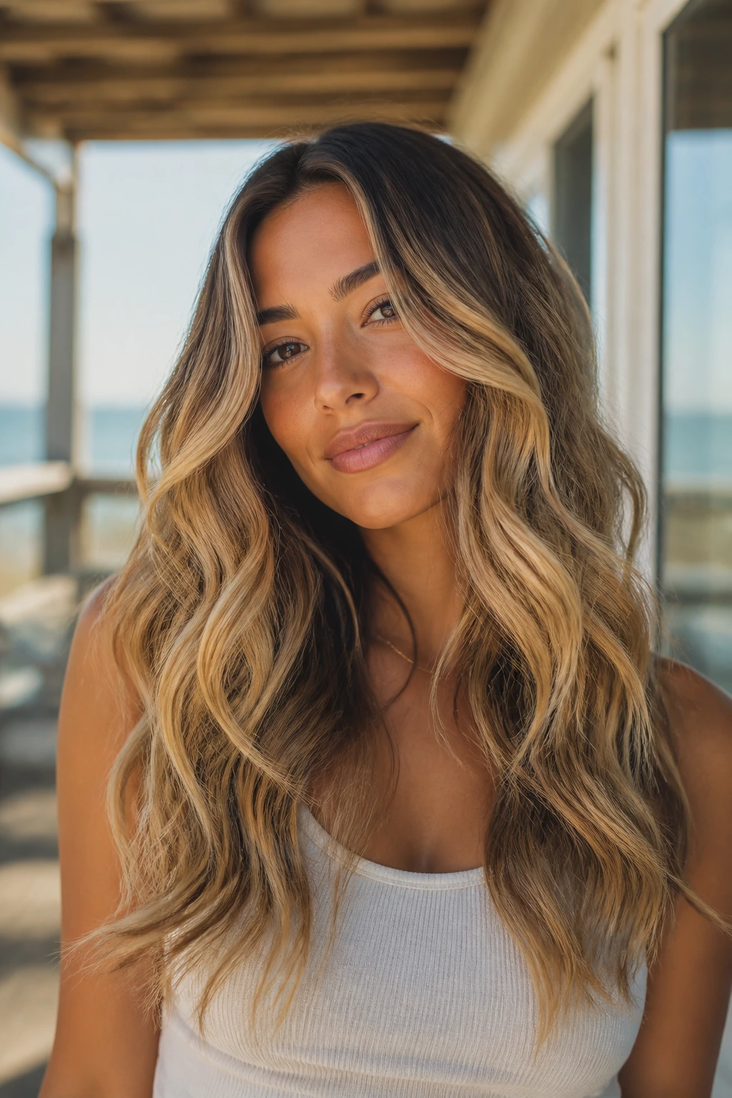 Close-up of a woman with mermaid waves and sunlit ribbon balayage in bright daylight