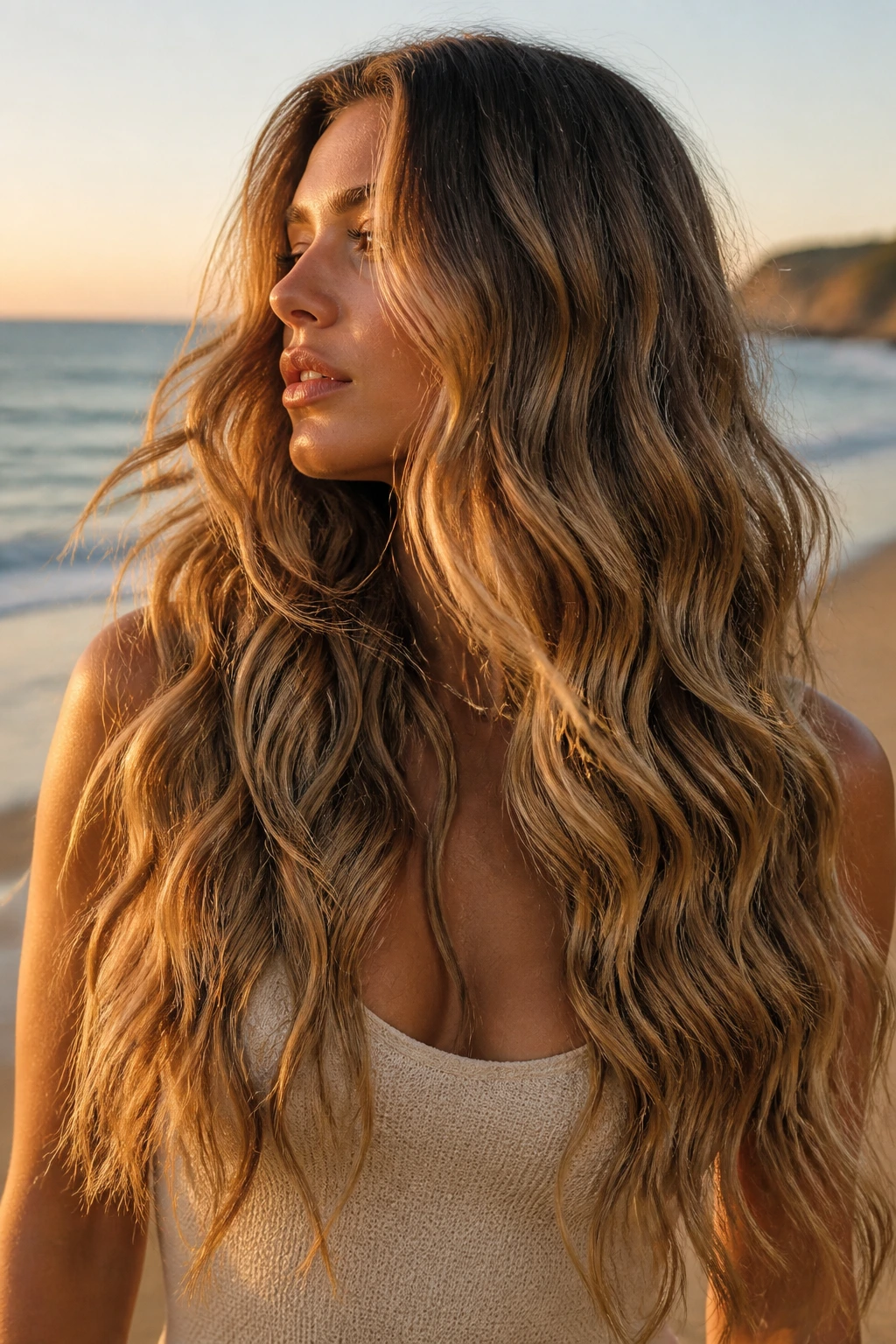 Medium close-up of a real woman with mermaid waves at the beach