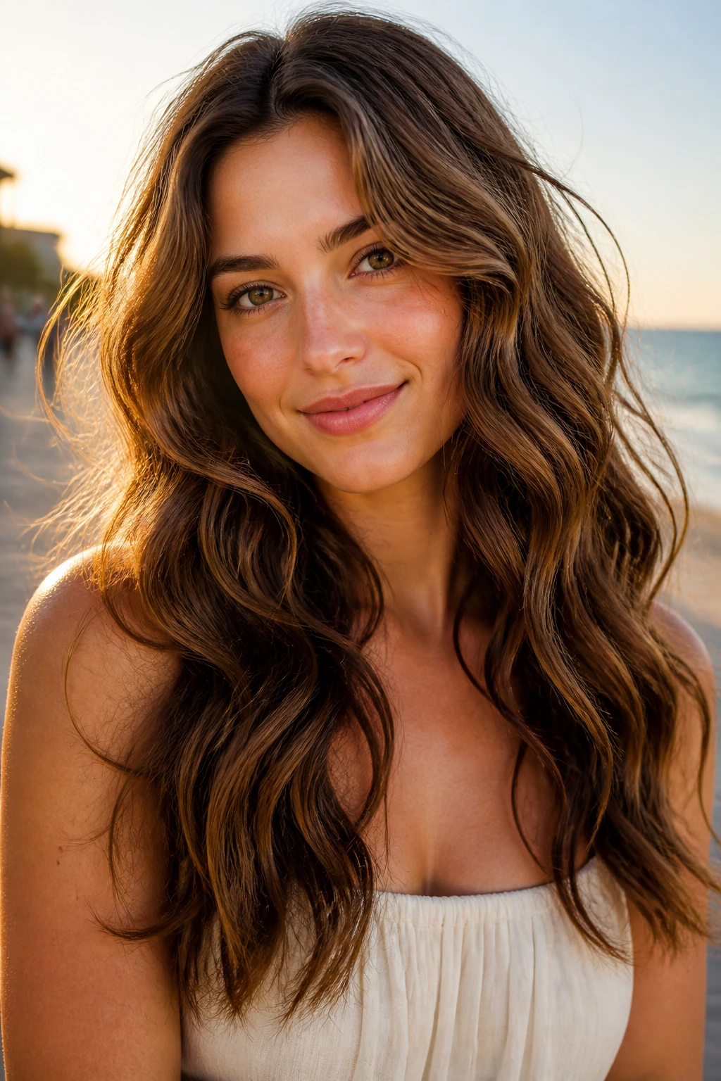 Close-up portrait of a real woman with mermaid waves and bent ends