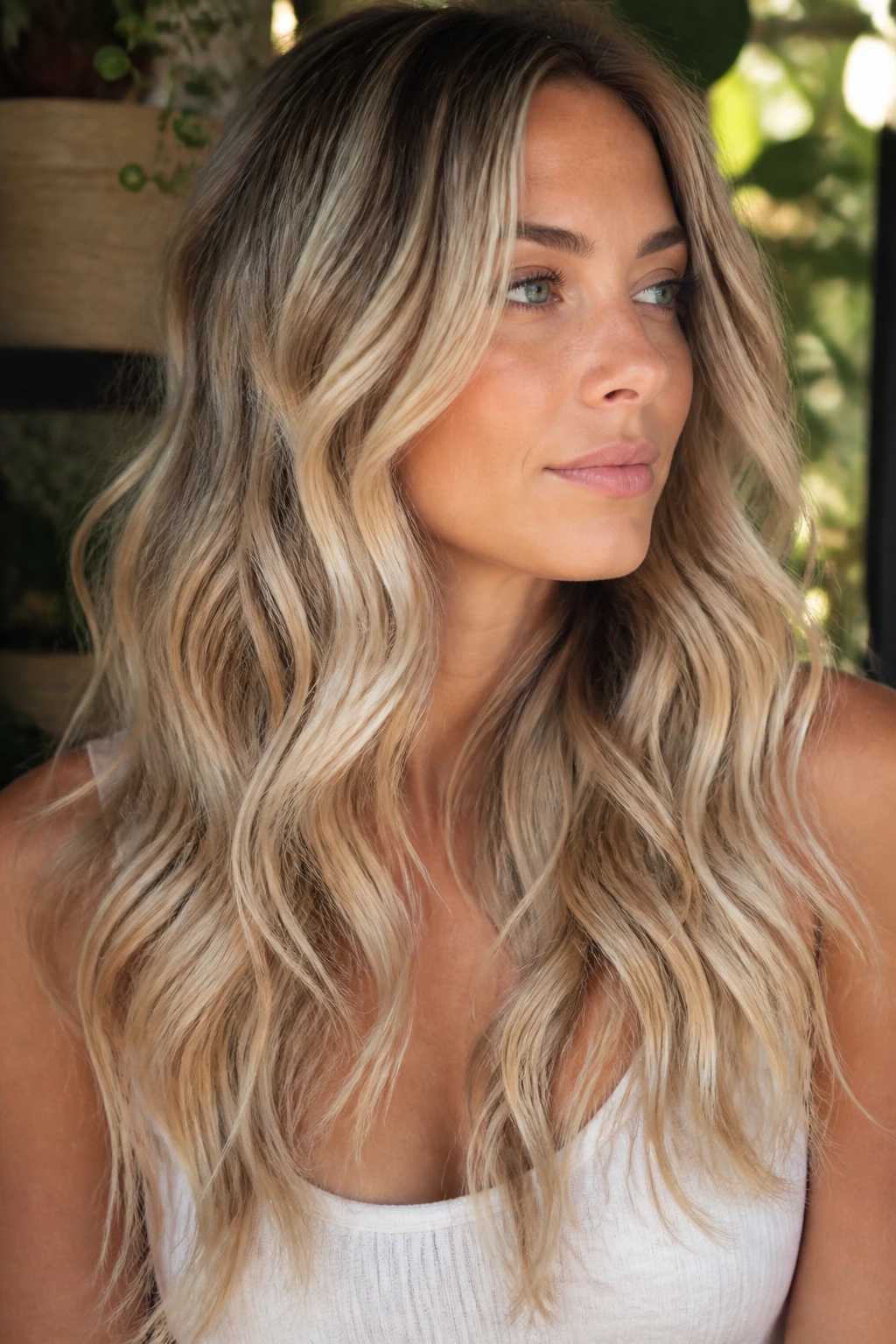 Real woman with lived-in mermaid waves in biscuit-cream blonde