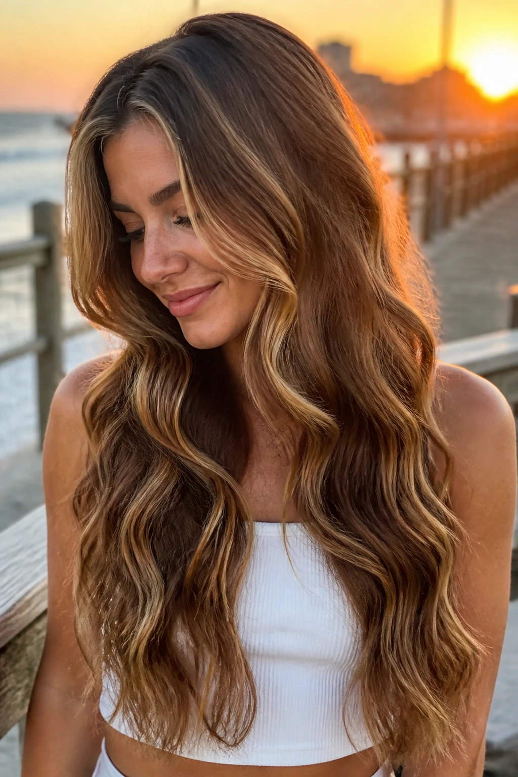 Close-up of mermaid waves with dimensional caramel ribbons on a real woman's hair