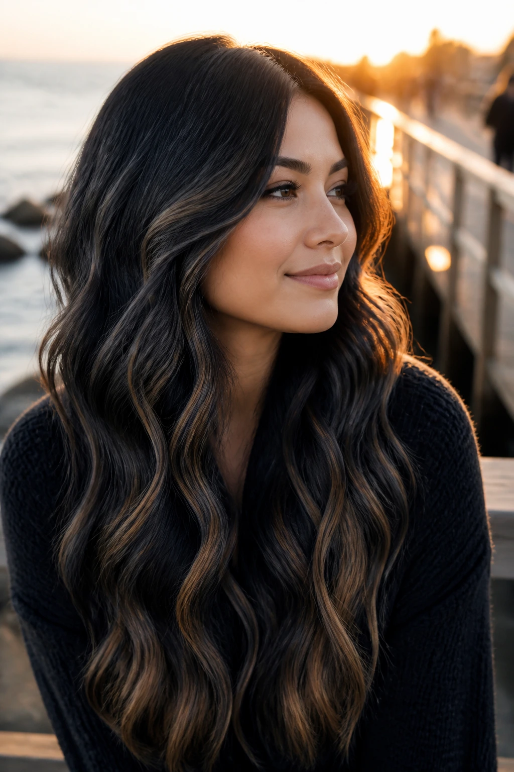 Portrait of a real woman with mermaid waves and caramel streaks over charcoal base outdoors at golden hour.