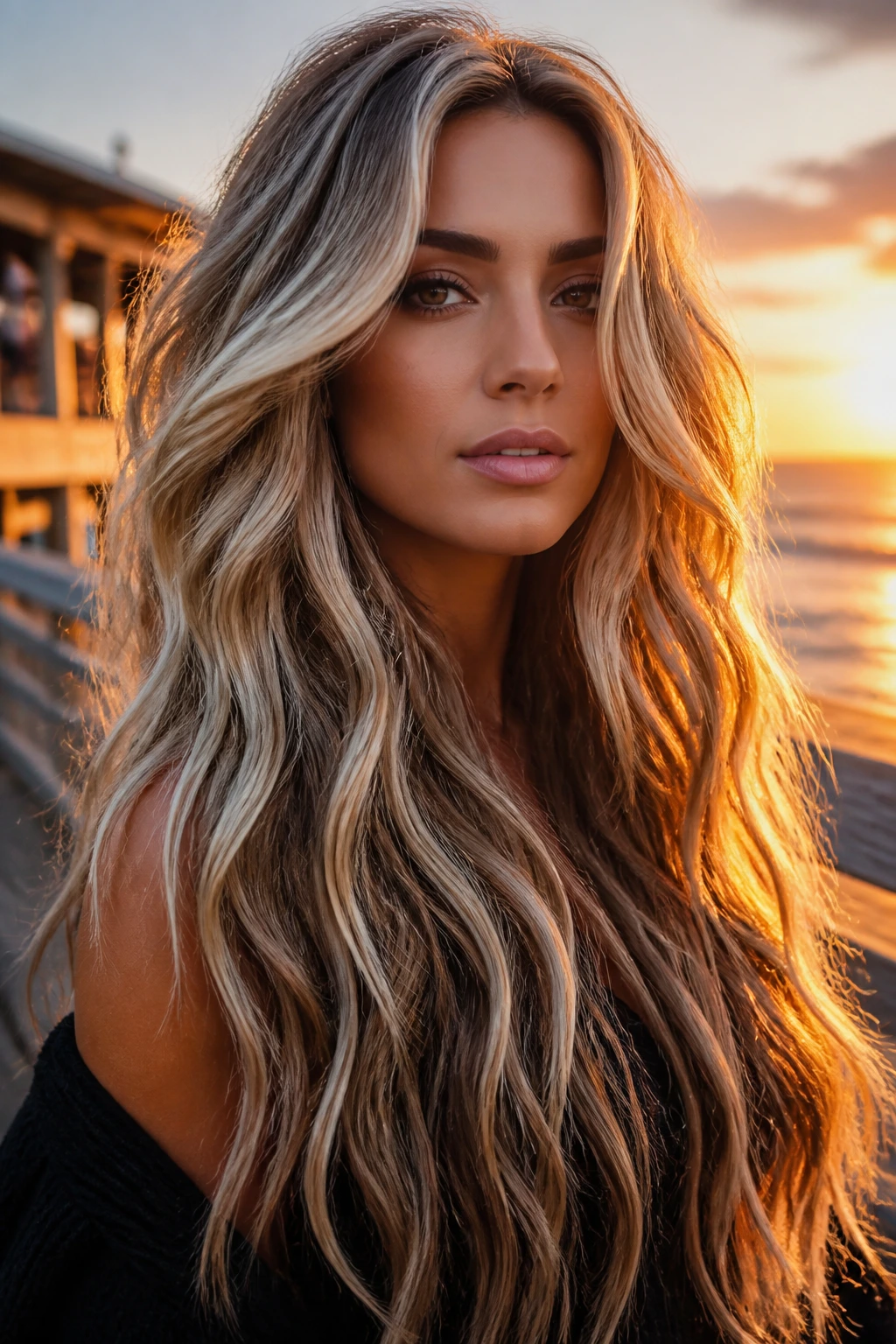 Long mermaid waves with champagne dusting at sunset on a real person