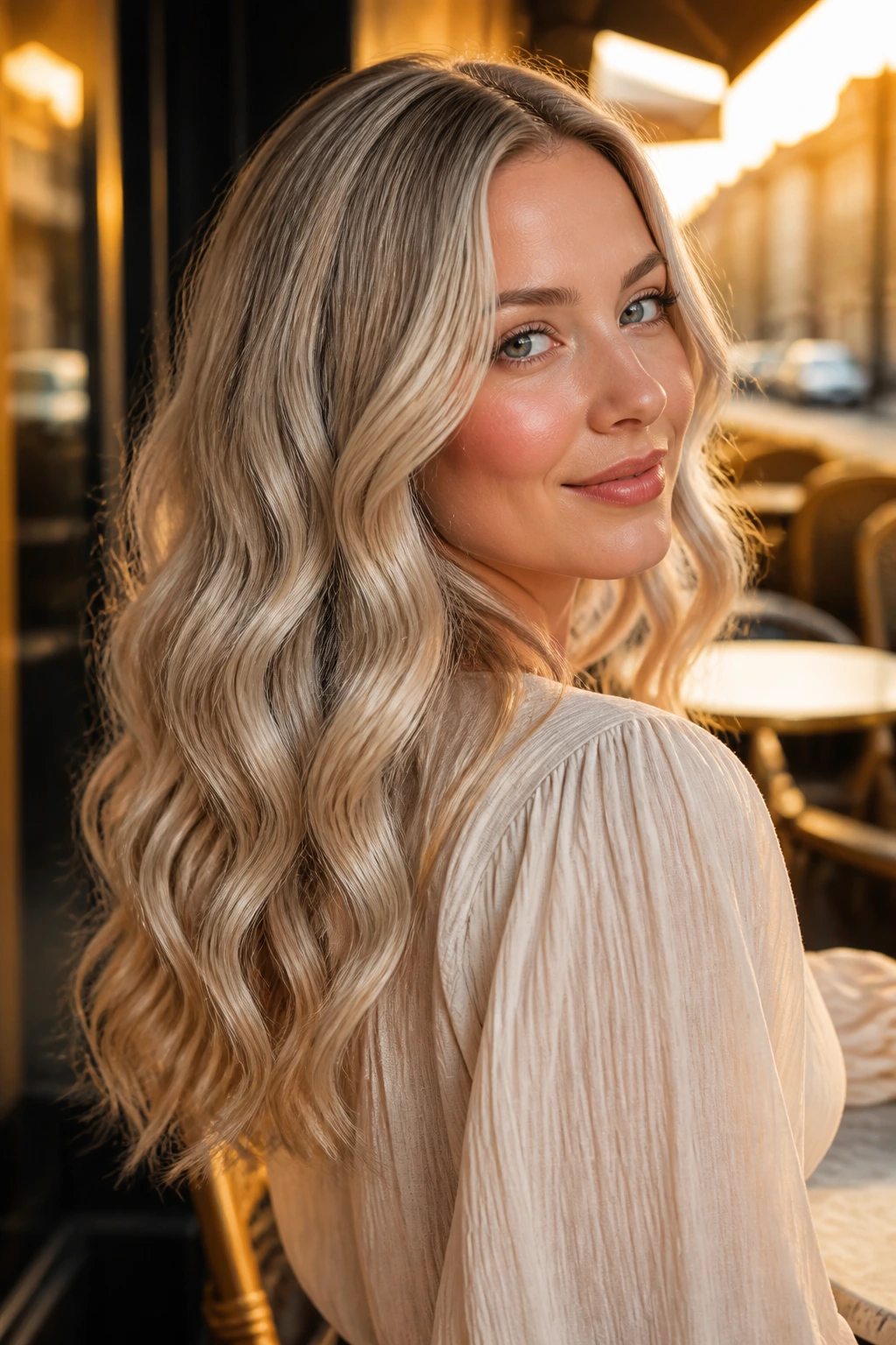 Portrait of a real woman with long loose mermaid waves in cool champagne blonde