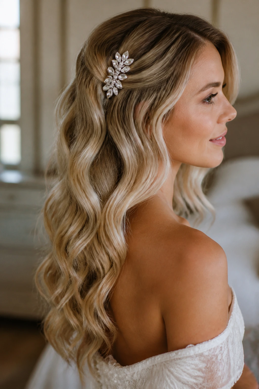 Bride with long loose mermaid waves and a single statement clip