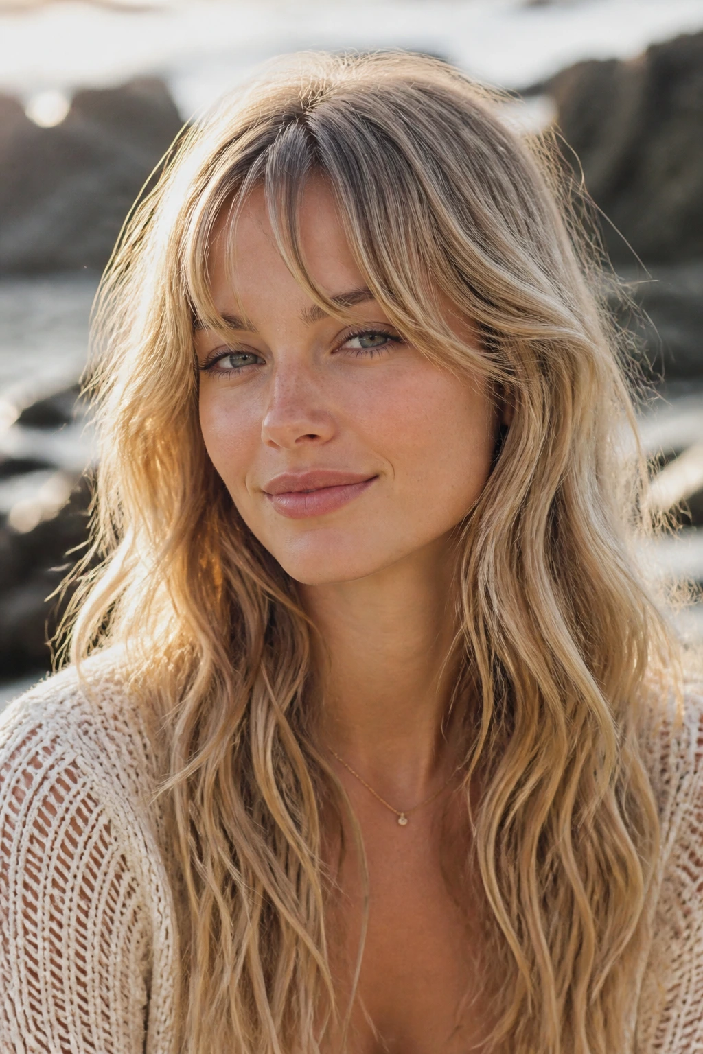 Portrait of a real woman with crescent fringe and messy mermaid waves in sunlit outdoor setting